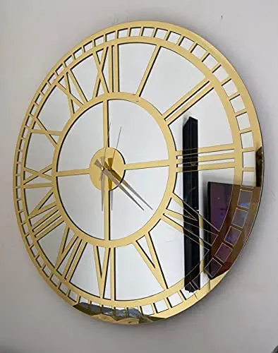 Gold Large Mirror Wall Clock Real Silver Mirror Wall Clock,Modern Clocks for Wall, Big Clock Silent Non Ticking,Home Decor,Battery Operated - Weigh:9 lbs(35,5 Inches, Silver-Gold)