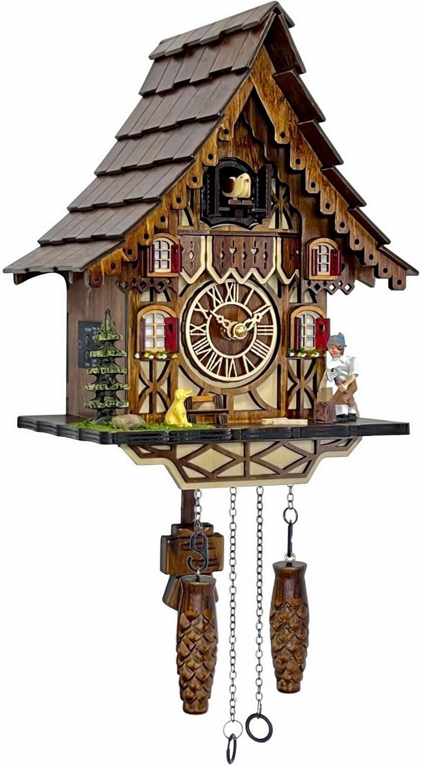 Cuckoo Clock for Wall Art: 12 Melodies, Volume Control, Night Mode, Black Forest Retro Traditional Handcrafted Wooden House Home Decor, Gifts for Family (8.75 X 23inch)