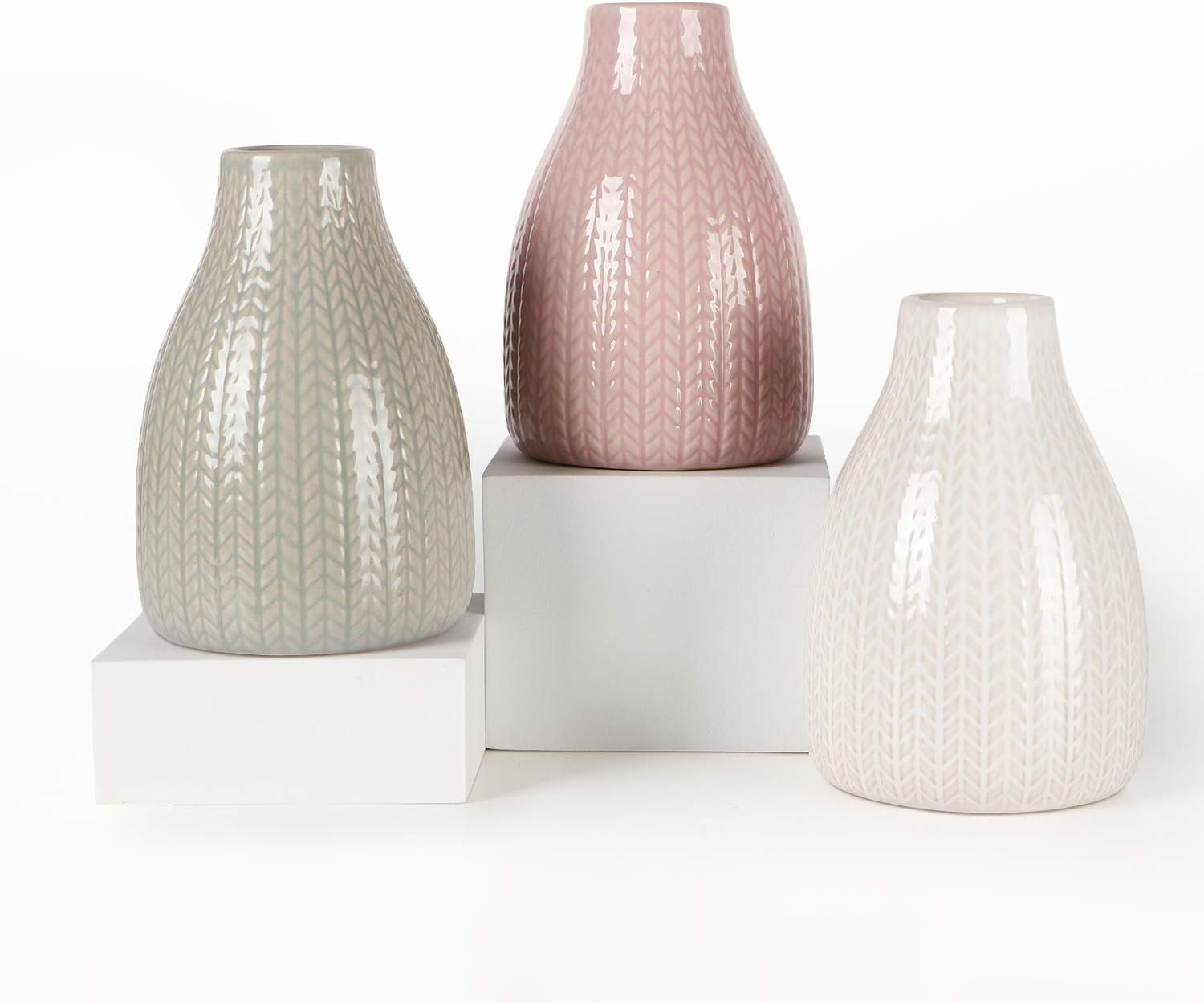 Vase Set of 3, Decorative Ceramic Vase, Flower Vase for Decor Home Living Room Office Parties Wedding, 3.7" Wide 5.5" Tall (White, Light Green, Pink)