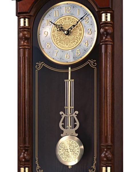 Stately Dark Brown Solid Oak Case Wall Clock with Pendulum and Chime
