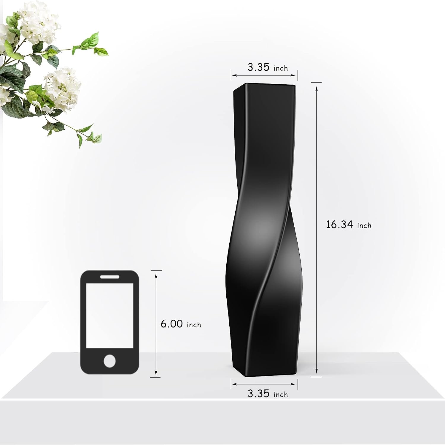 Black Ceramic Vase, 16.34 inches, Modern Geometric, Decorative Home Decor, Square, Unique - Image 2
