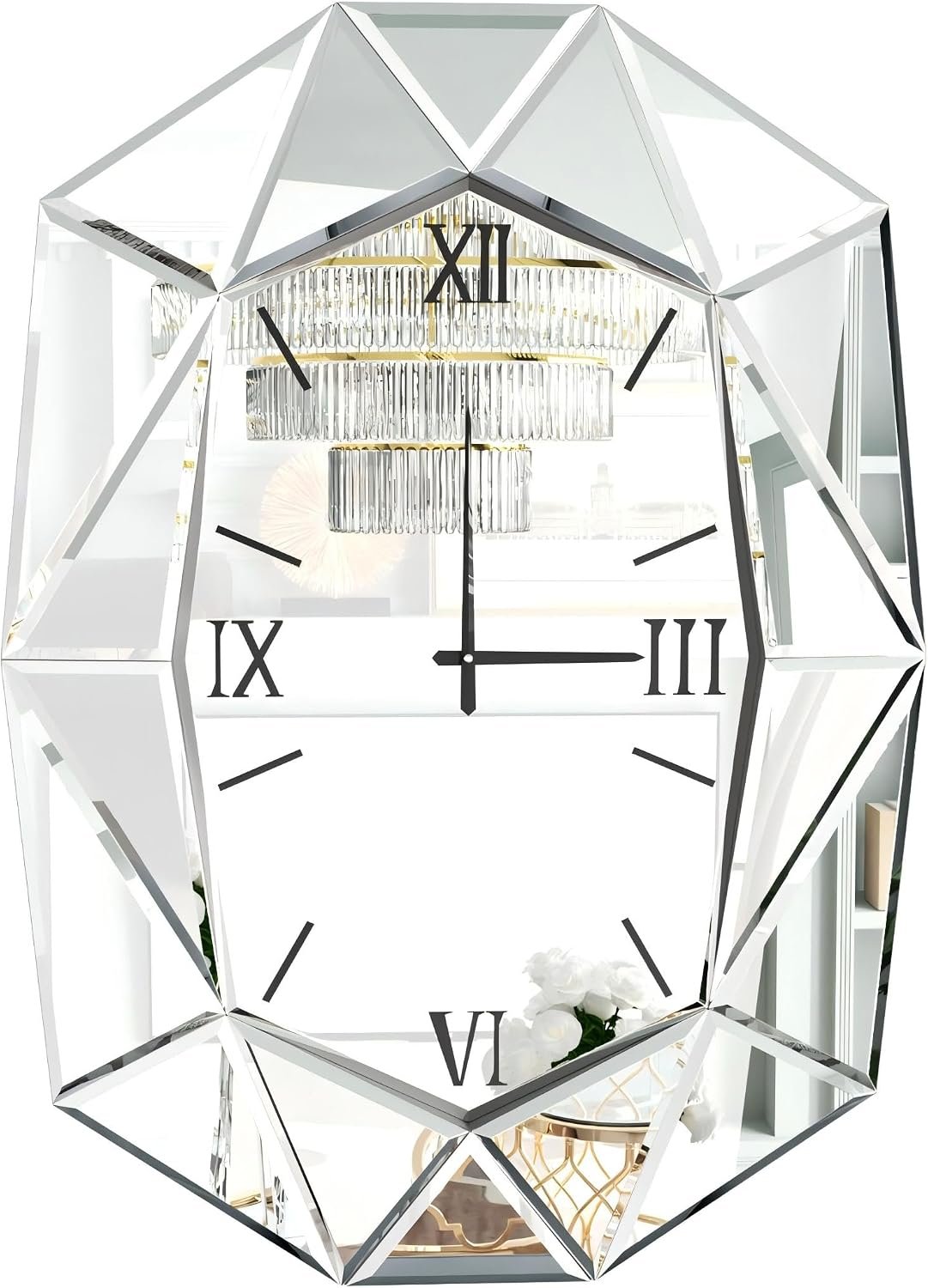 Mirrored Wall Clock Decorative: Large Oval Diamond Shape Silver Vanity with Silver Glass Mirror Beveled Frame Edge 40x28 inch Modern Home Art Deco for Living Room Dining Room - Image 2