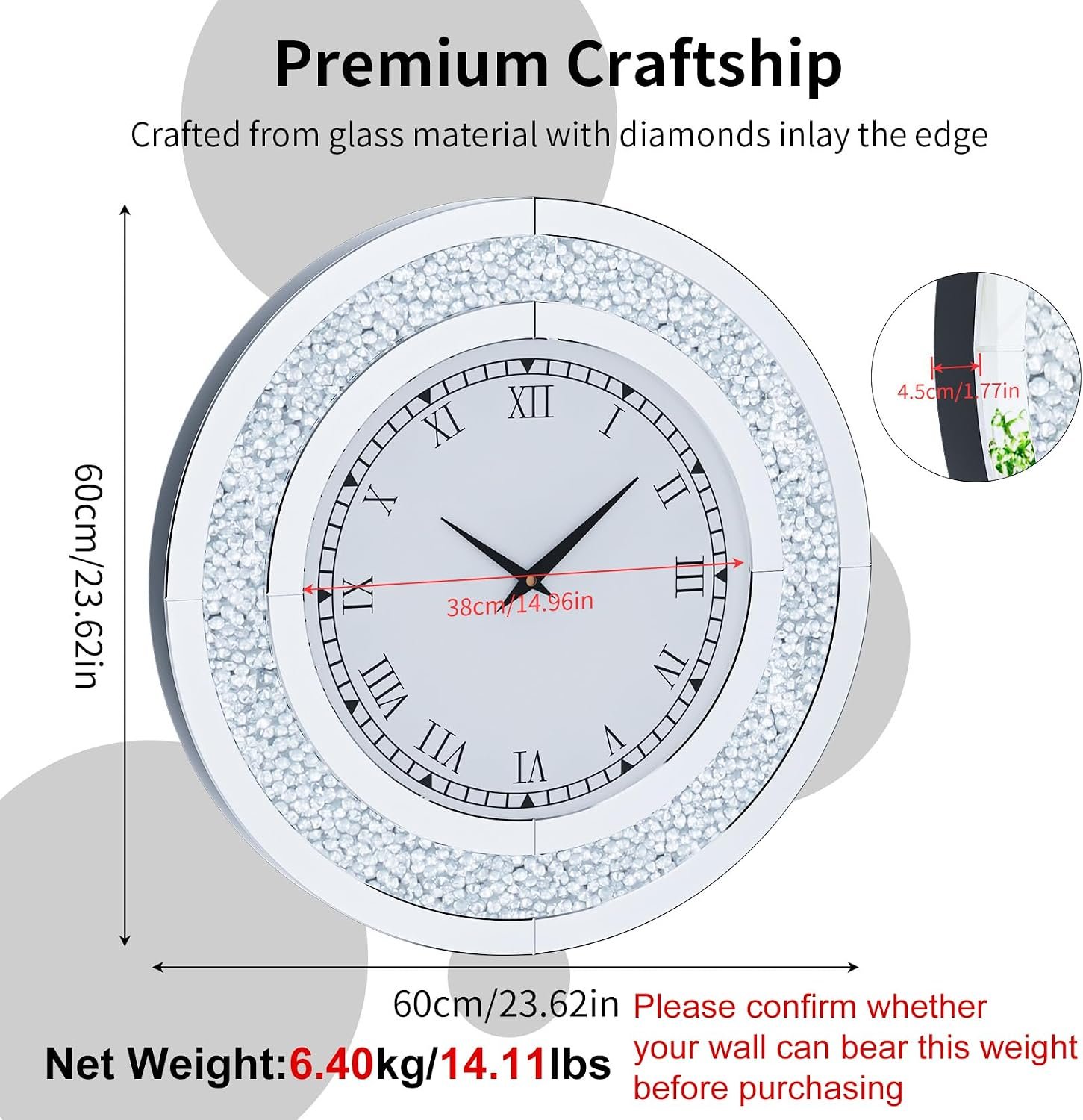 Crushed Diamond Wall Clock: 24 inch Round Decorative Mirrored Clock with Silver Glass Beveled Mirror Edge Frame and Bling Diamonds, Art Deco Home Modern Decoration for Livingroom - Image 2
