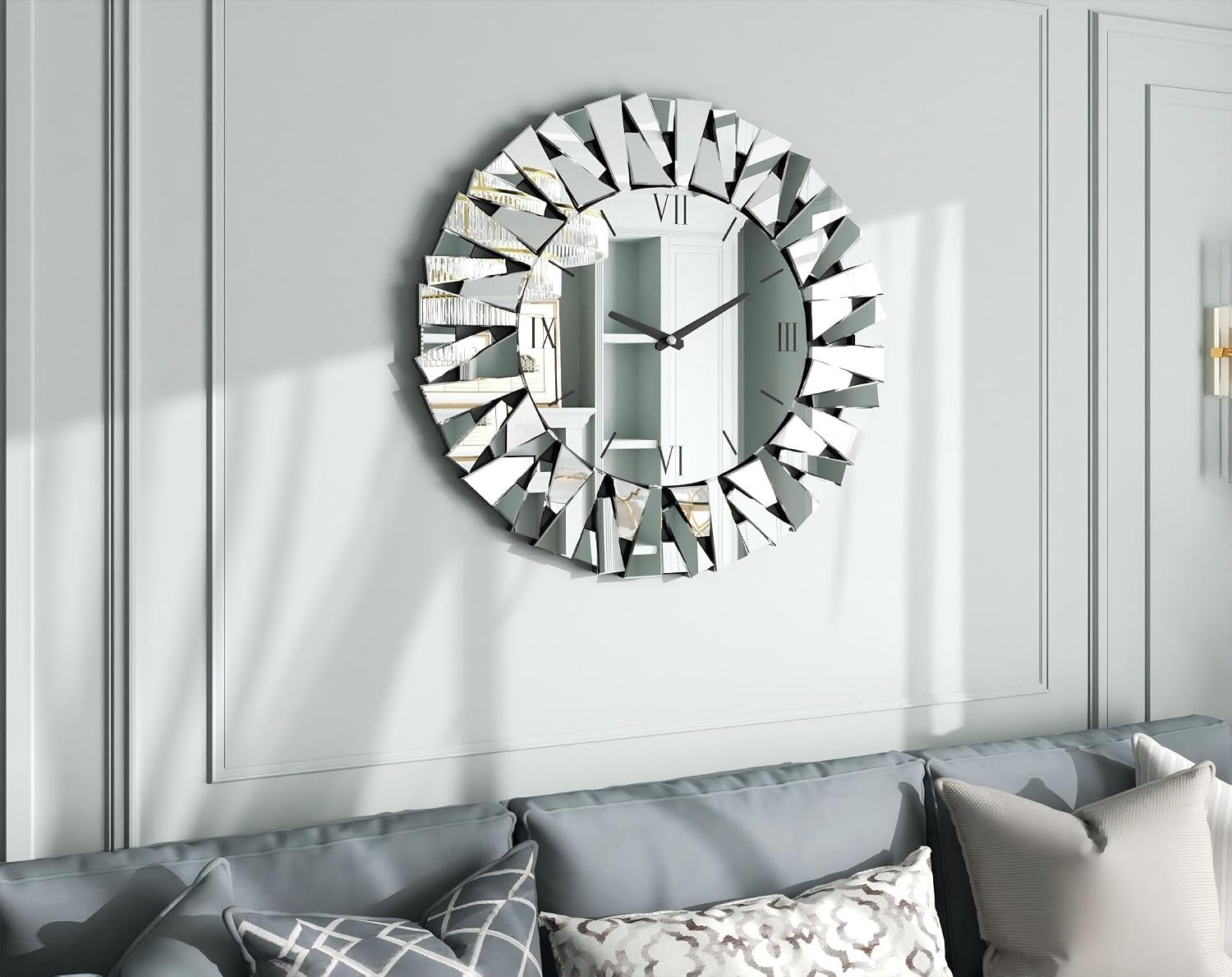 Decorative Mirror Wall Clock: 32 inch Large Mirrored Round Clock with Silver Glass Beveled Frame Edge Luxury Art Deco Home Furnishing for Livingroom Dining Room Bedroom - Image 2