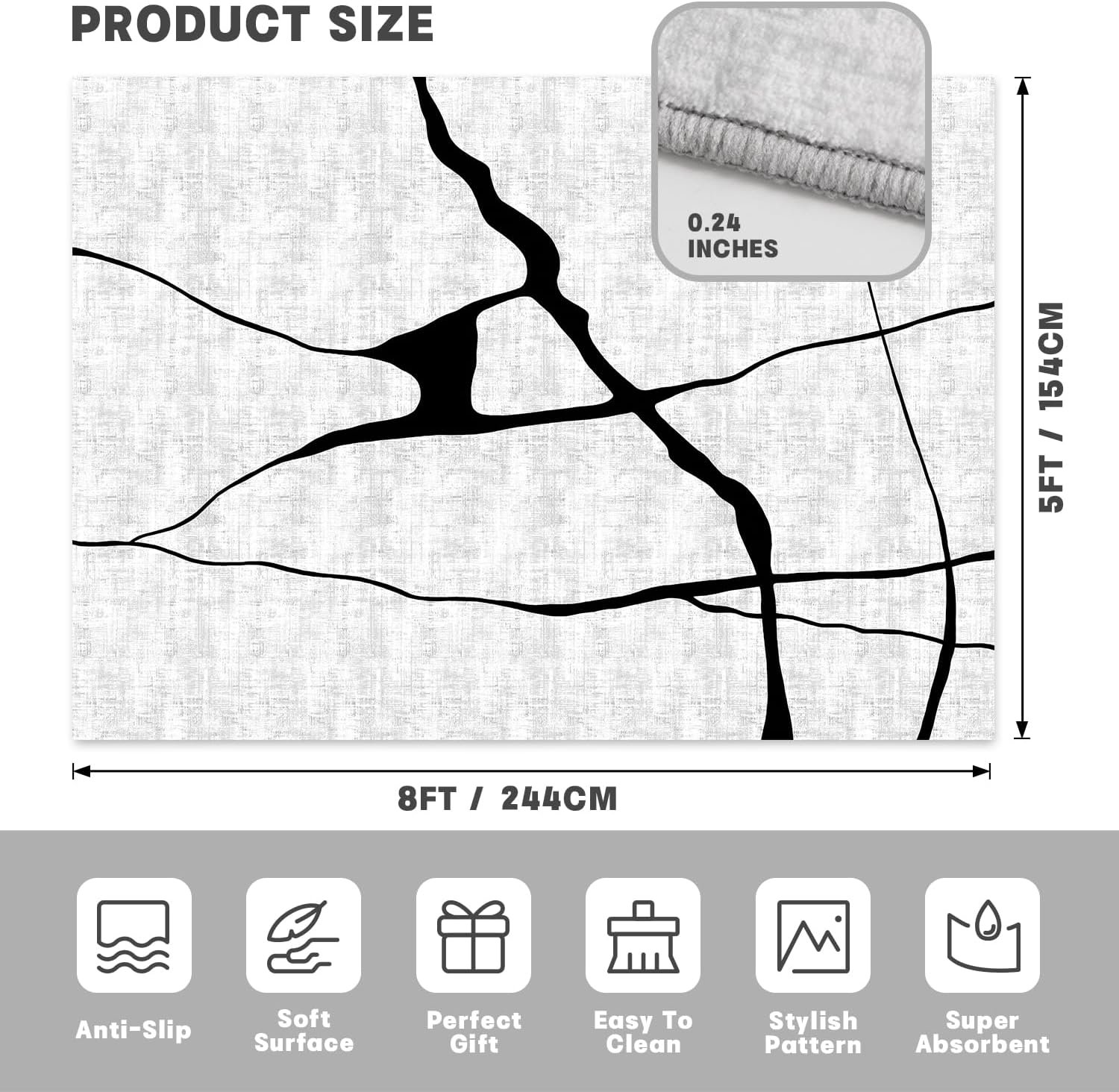 Abstract Washable Rugs 5x8, Modern Black and White Rug for Living Room, Ultra-Thin Non Slip Contemporary Minimalist Stripe Rugs for Bedroom, Dining Room Office Playroom (5'x8' White) - Image 2