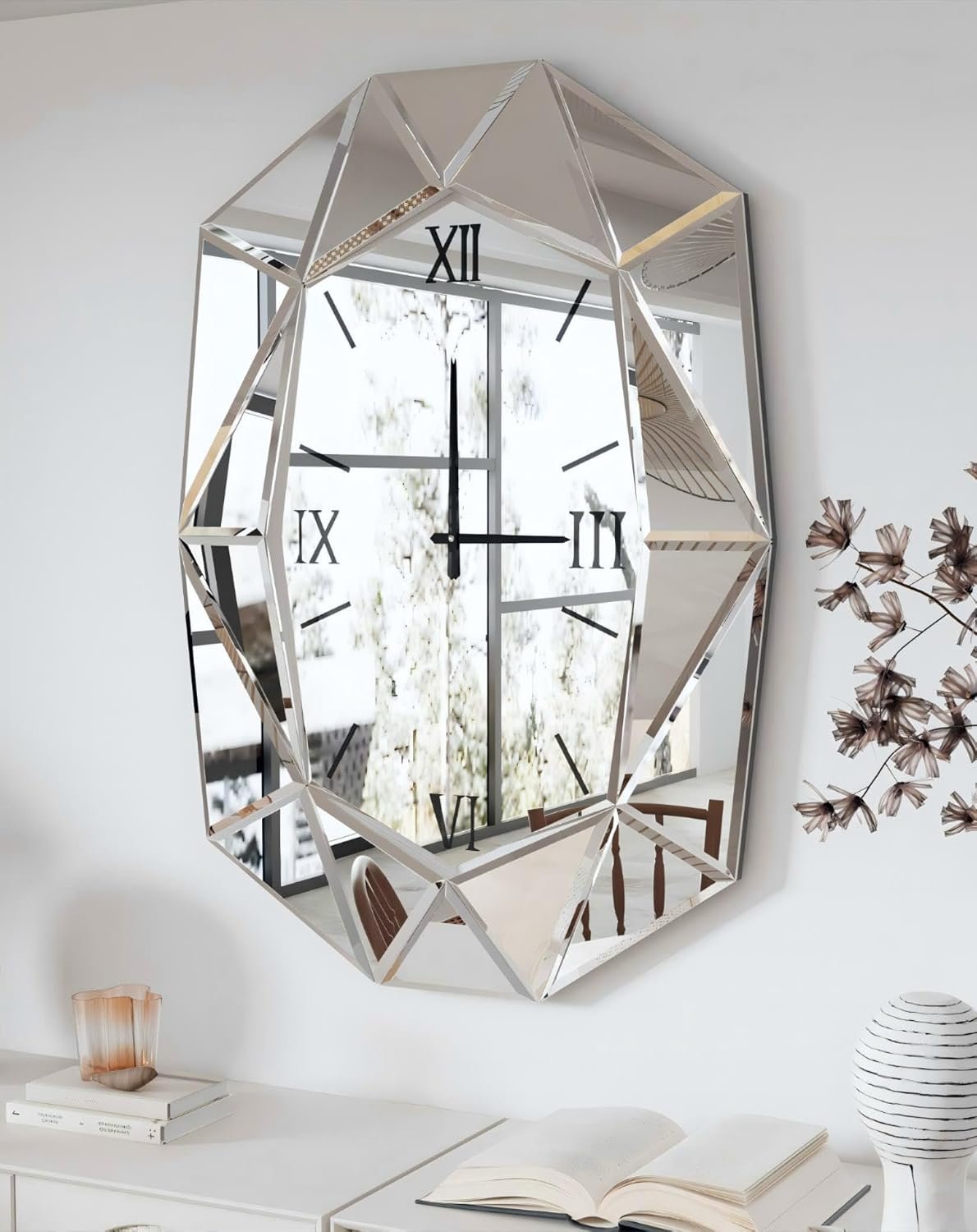 Mirrored Wall Clock Decorative: Large Oval Diamond Shape Silver Vanity with Silver Glass Mirror Beveled Frame Edge 40x28 inch Modern Home Art Deco for Living Room Dining Room
