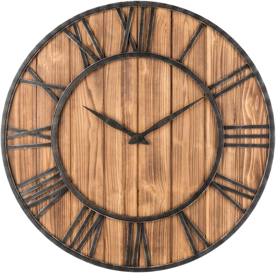 Metal & Solid Wood Noiseless Wall Clock (Wood, 36-inch)