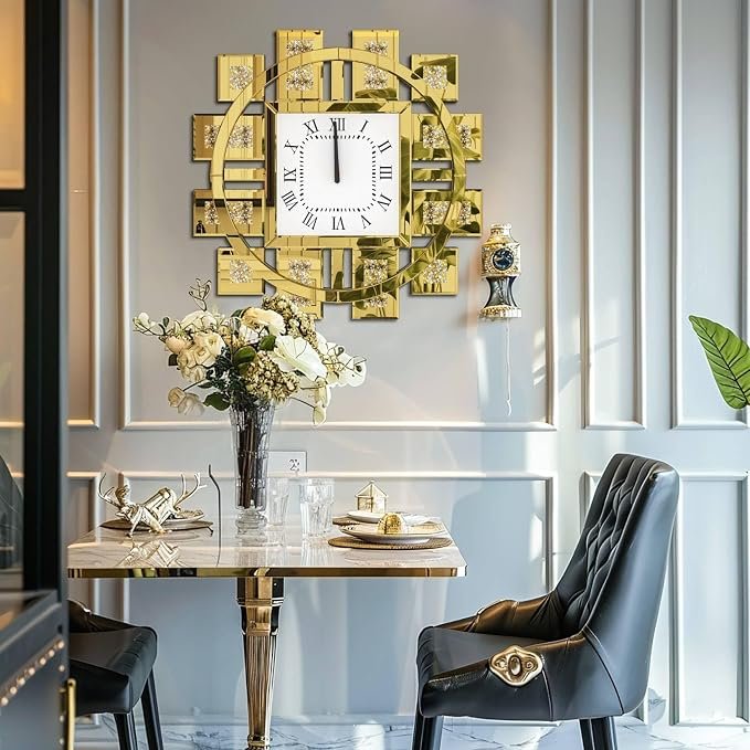 Crushed Diamond Wall Clock: Decorative 24 inch Round Mirrored Clock with Beveled Glass Mirror Edge Frame and Bling Diamonds, Art Deco Home Modern Decoration for Livingroom, Silver