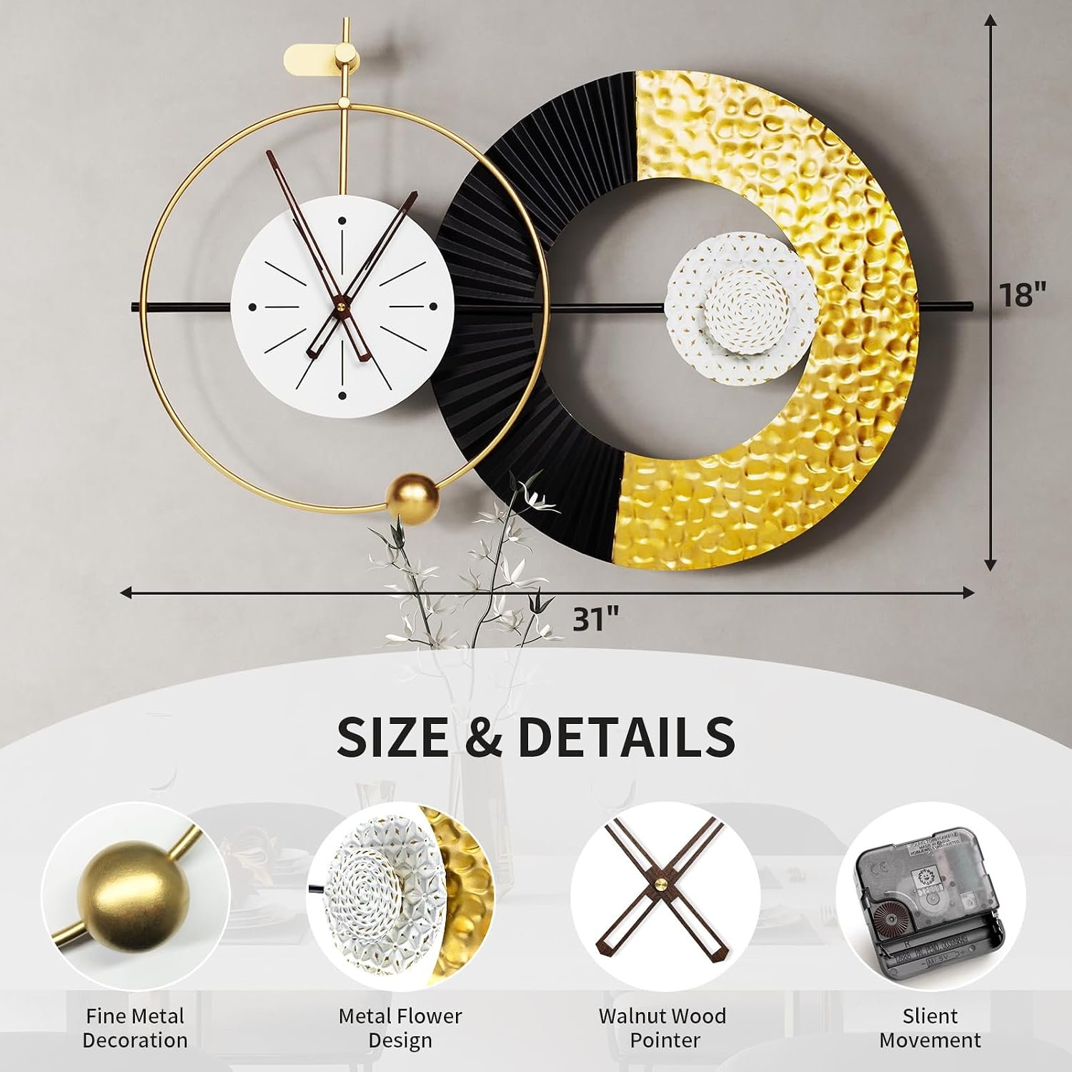 Wall Clock Modern Large Clocks Battery Operated Silent Quartz Time Clock for Living Room,Light Luxury Stylish Design Vintage Timepiece for Bedroom, Office,Kitchen - Image 2