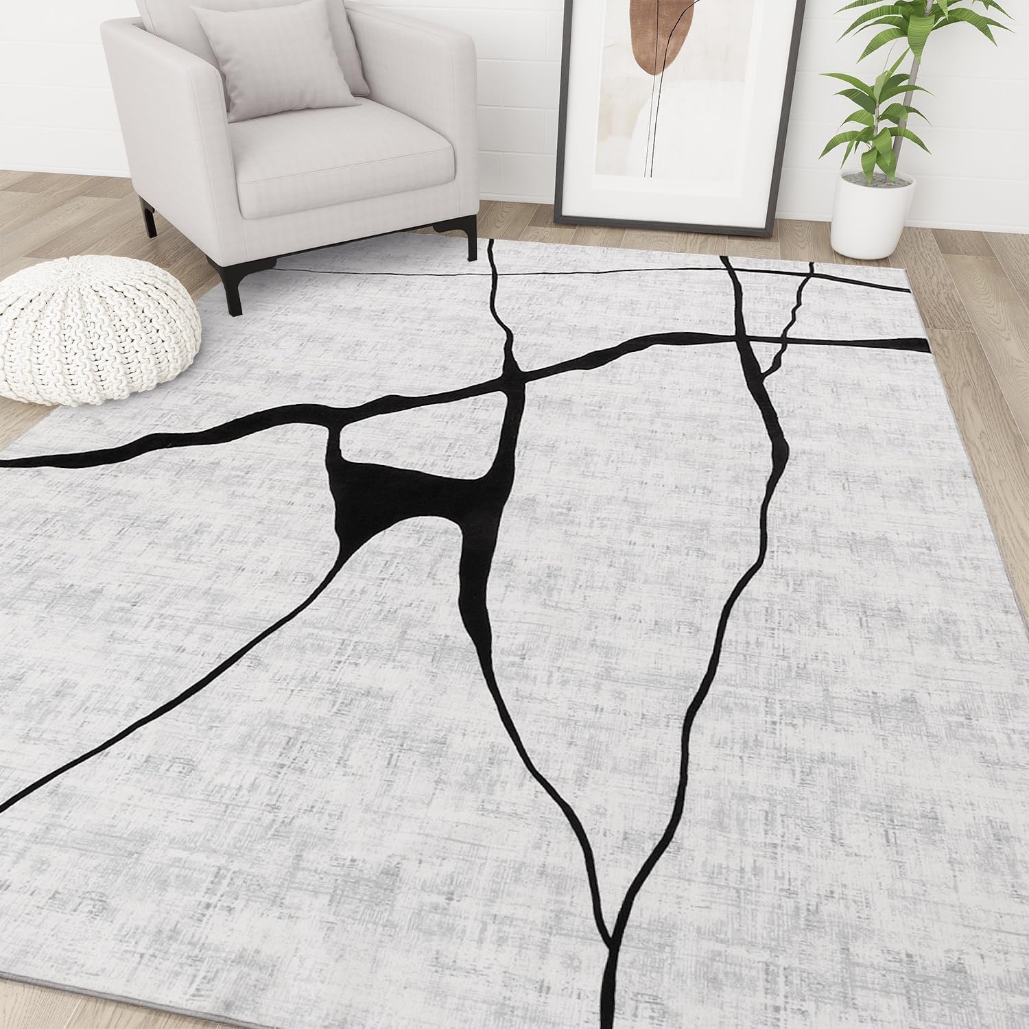 Abstract Washable Rugs 5x8, Modern Black and White Rug for Living Room, Ultra-Thin Non Slip Contemporary Minimalist Stripe Rugs for Bedroom, Dining Room Office Playroom (5'x8' White)