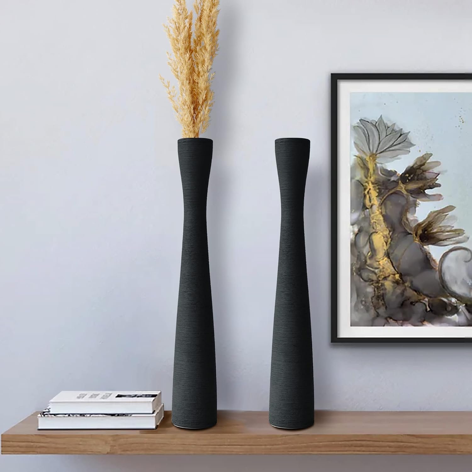 2 Pack Tall Ceramic Vase 16", Floor Vase for Pampas Grass Modern Flower Vase 40cm (Black)