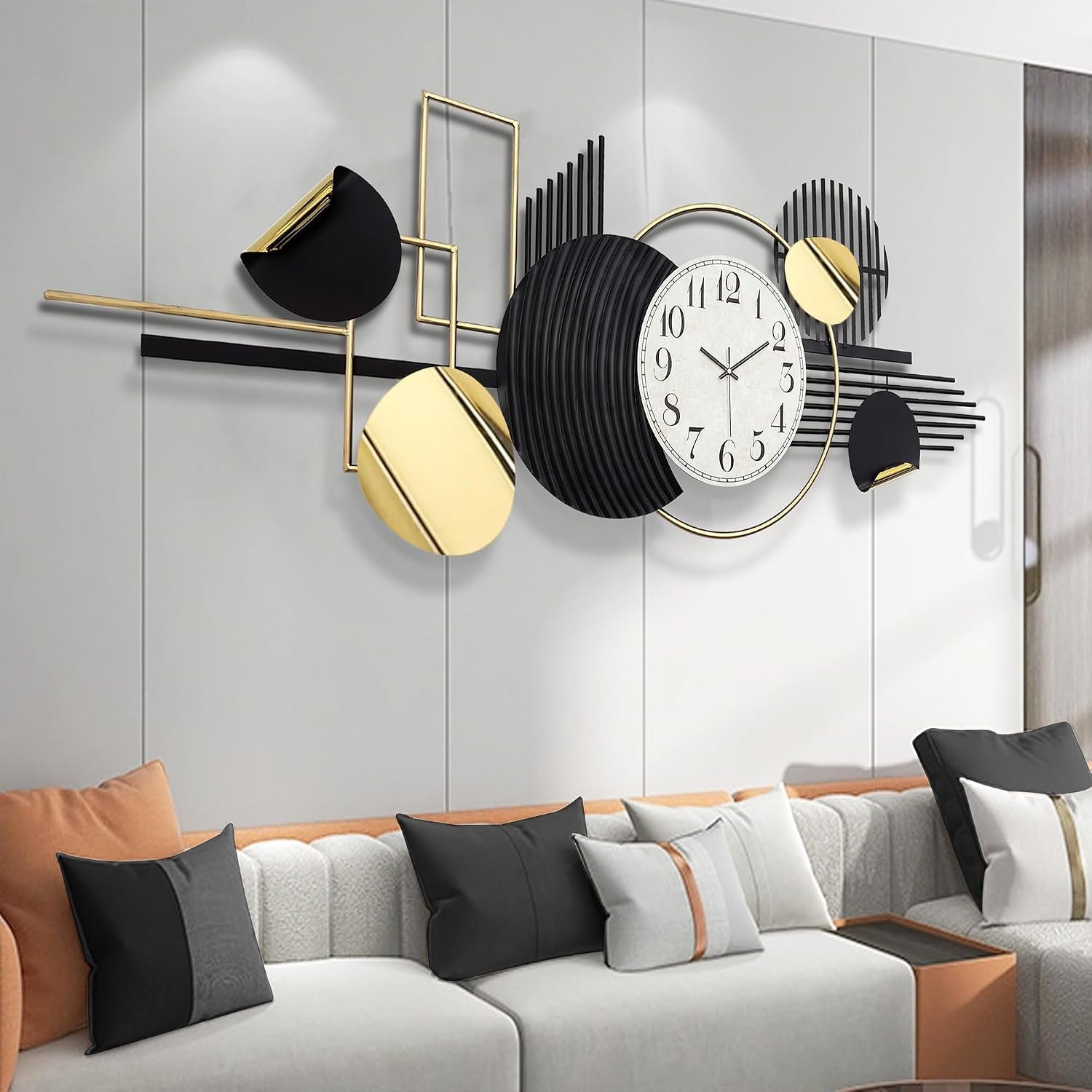 Metal Wall Art, Black and White Decor for Living Room, Abstract Modern Creative Geometric Round 3D Clock 56" 24" Large for Bedroom, Dining Room, Home Hanging Sculpture