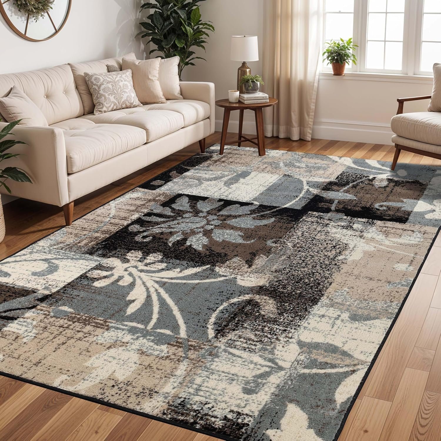 Indoor Area Rug, Jute Backed, Perfect for Office, Living/Dining Room, Bedroom, Kitchen, Hallway, Entryway, Floor, Modern Floral Patchwork Decor, Collection, 9' x 12', Beige - Image 2