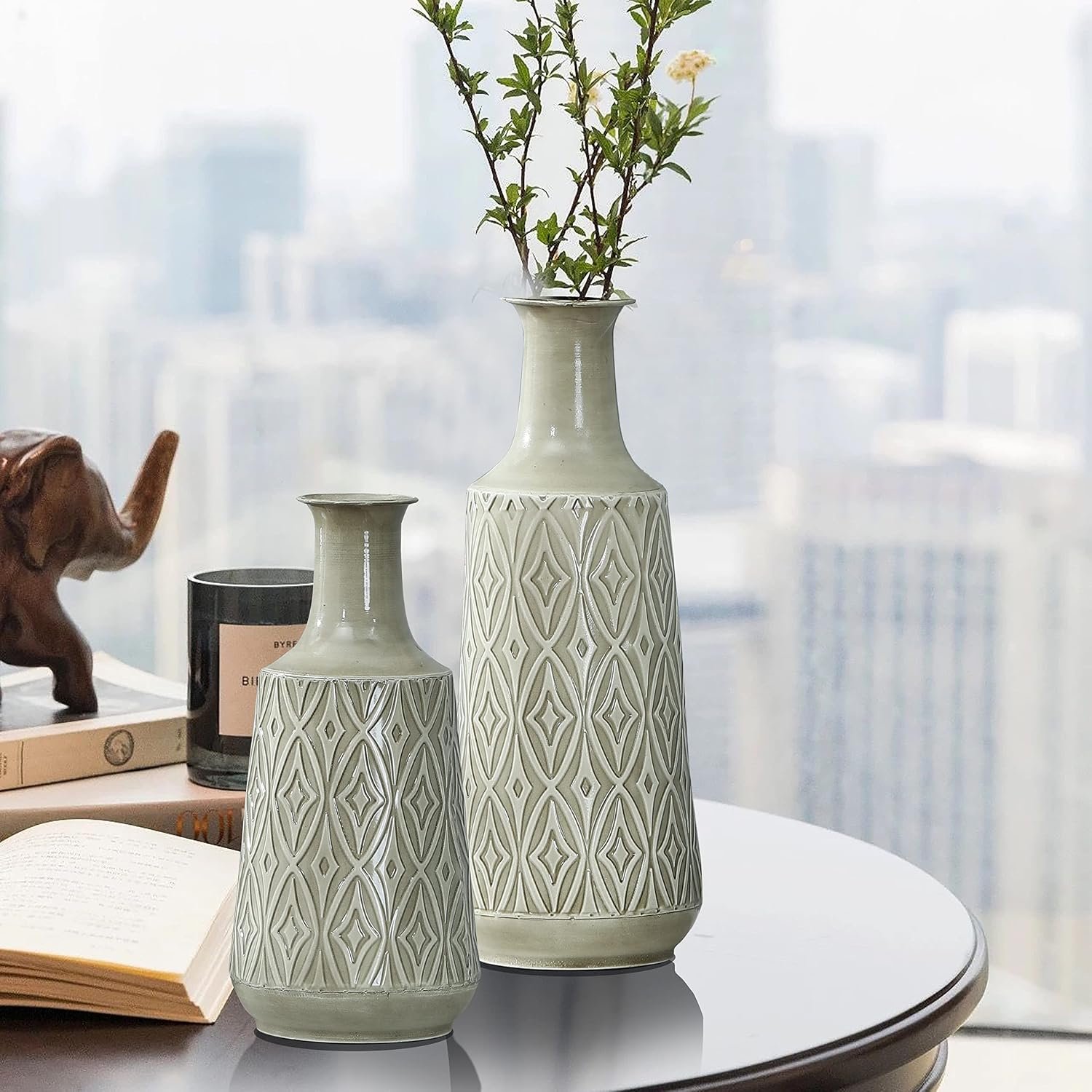 17" Tall Metal Flower Vase, Decorative Set of 2 Large Metal Floor Vase, Elegant Damask Style Vase Set for Living Room Bedroom Centerpiece Decor, Light Gray