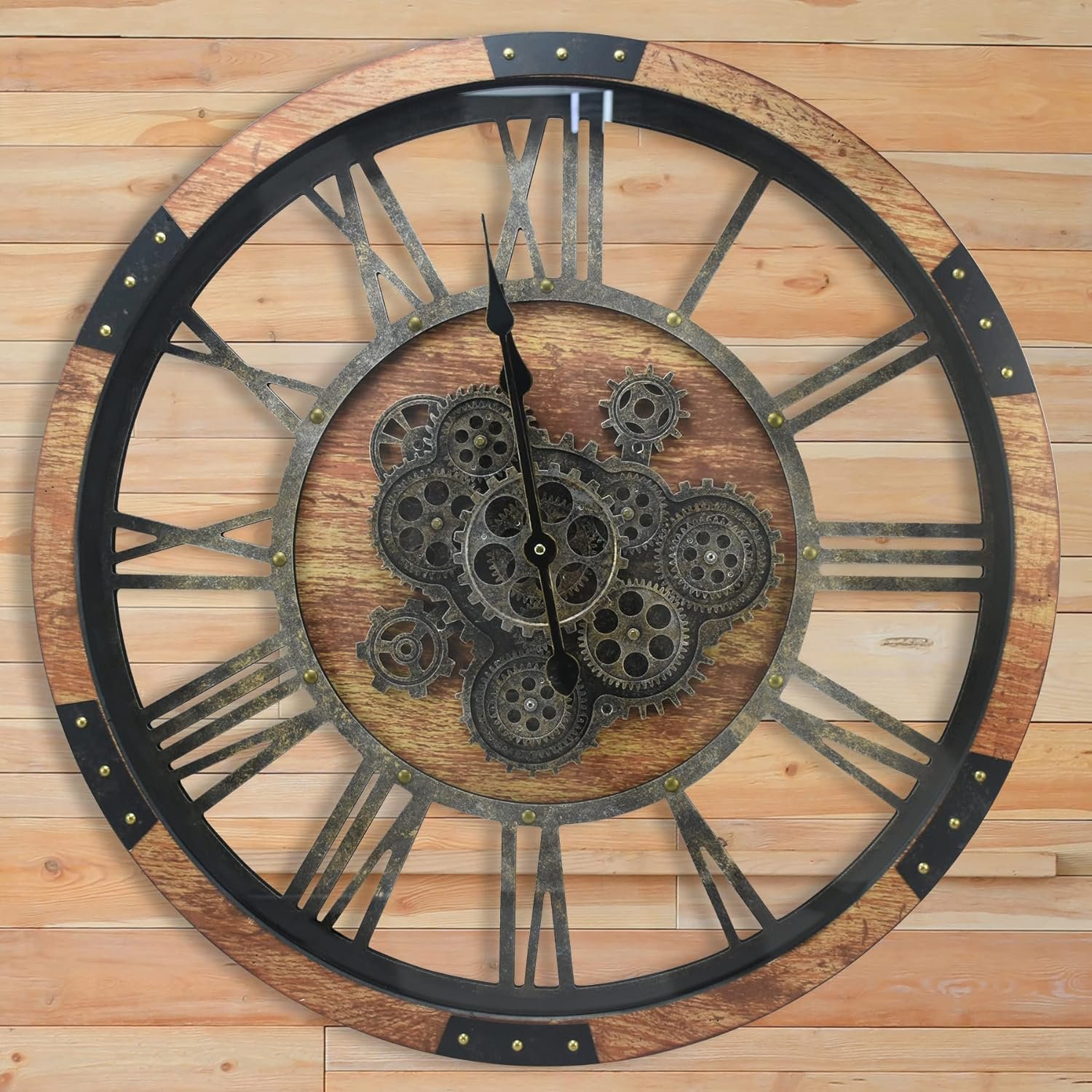 36'' Large Wall Clock s Oversized Industrial Solid Wood Rusic Farmhouse Clocks for Living Room Wall Decor Home Office, 36 inch 90cm, Brown and Vintage Bronze