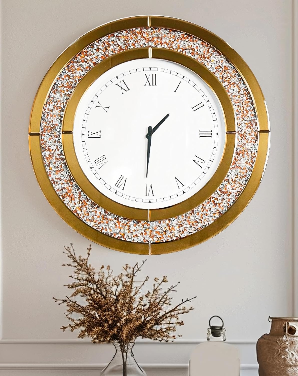 Crushed Diamond Wall Clock: 32 inch Round Decorative Mirrored Clock with Brown Glass Beveled Mirror Edge Frame and Bling Diamonds, Art Deco Home Modern Decoration for Livingroom