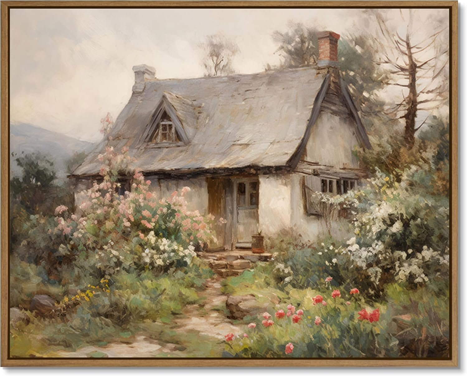 Gardenia Art Framed Old Cottage Wall Art Vintage Landscape Oil Painting Mountain Hut Blooming Wild Floral Canvas Print Country Aesthetic Decor Art for Bedroom Bathroom Living Room Home Décor 12"x16"