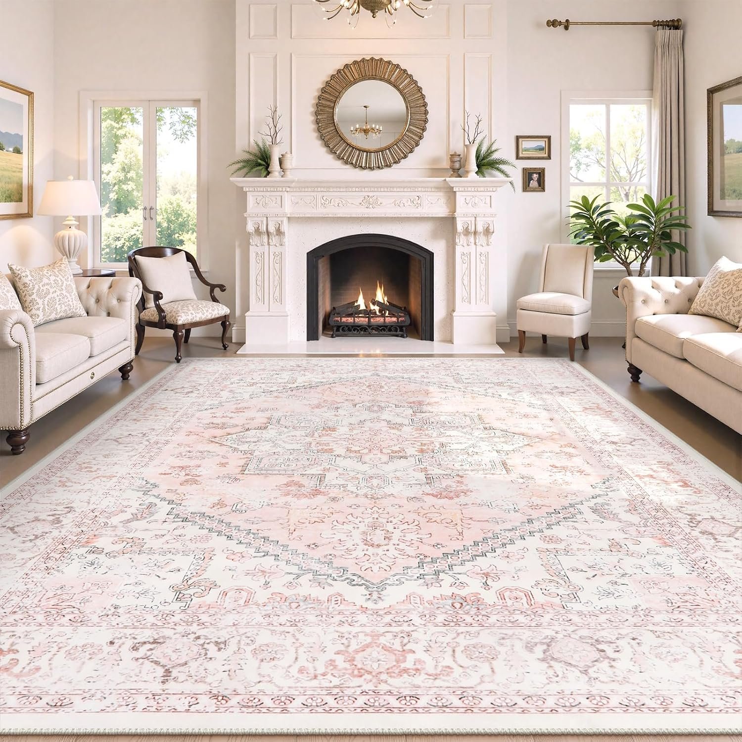 Pink 10x14 Area Rug, Extra Large Vintage Area Rugs for Living Room Boho Soft Low Pile Non Slip Rug, Retro Non Shedding Indoor Carpet for Bedroom Dining Room Under Table