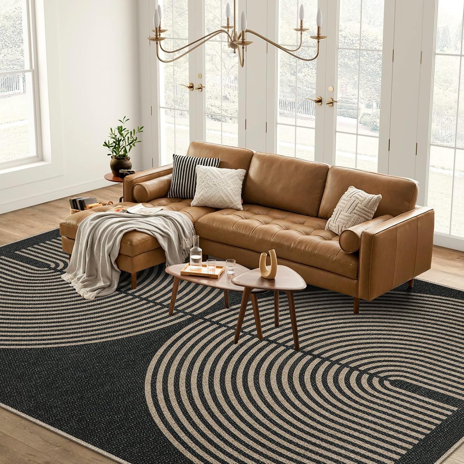 Modern Rainbow Easy Jute Outdoor Carpet, Washable Rugs 9x12 for Living Room Patio Large Farmhouse Indoor Outdoor Carpet, Contemporary Black Dining Room Rugs for Under Table Office Backyard