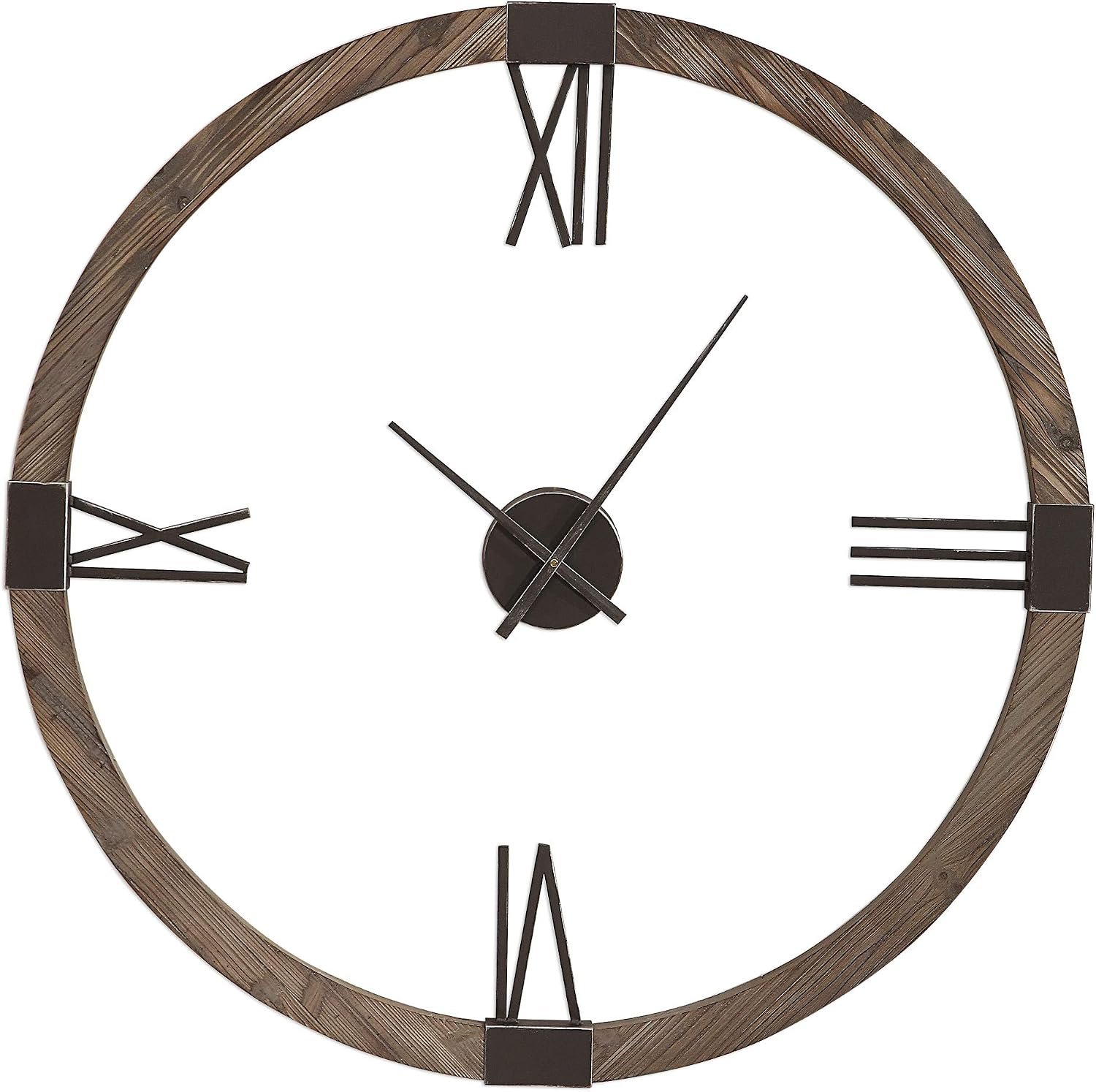 Retro Modern Wood Iron Round Wall Clock | Open Floating Center Mid Century | l Stained Fir and Iron