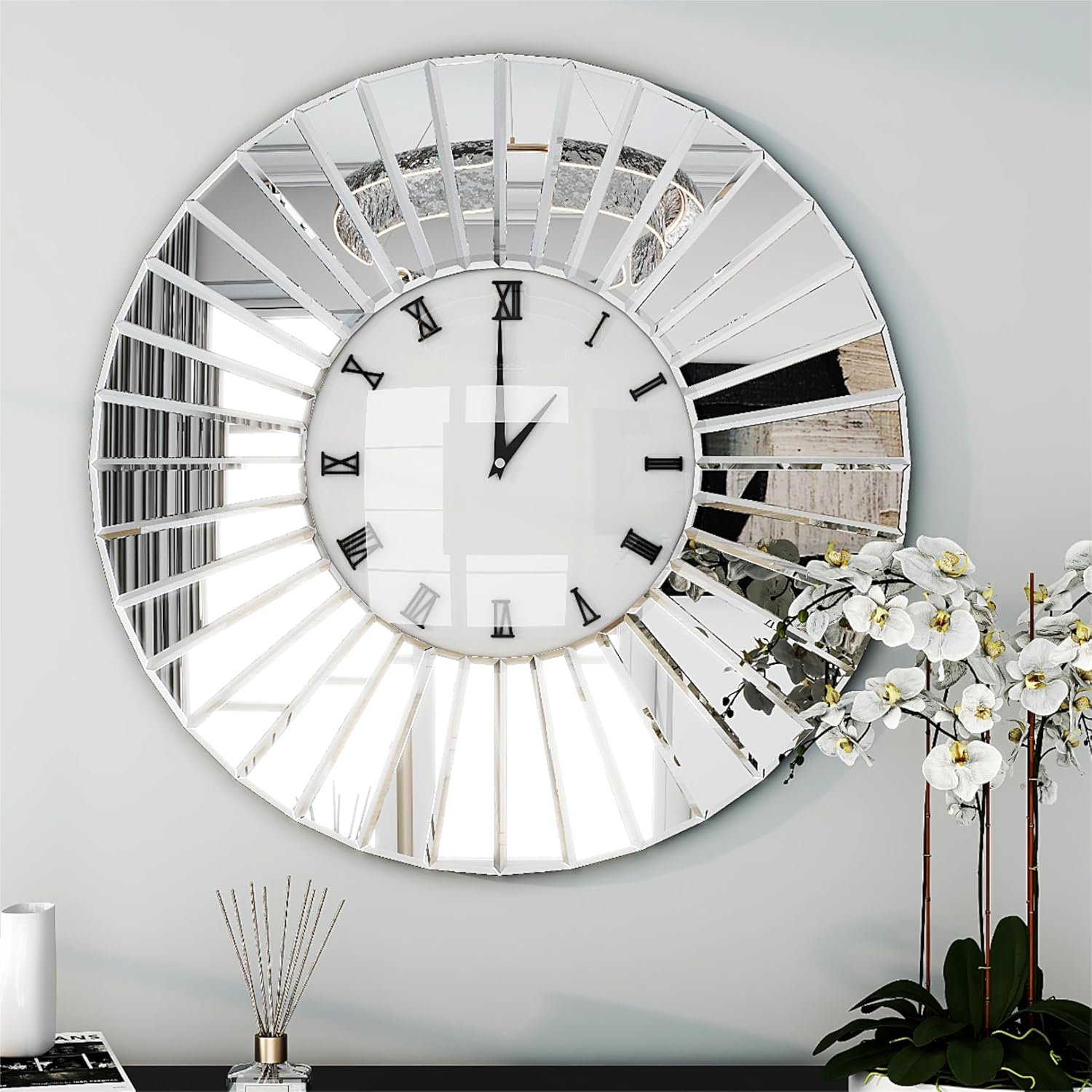 32" Mirrored Wall Clocks, Oversize Decorative Clock, Large Modern Wall Clock, Big Clock Silver Wall Decor for Living Room/Home/Kitchen/Bedroom/Office/School Decor