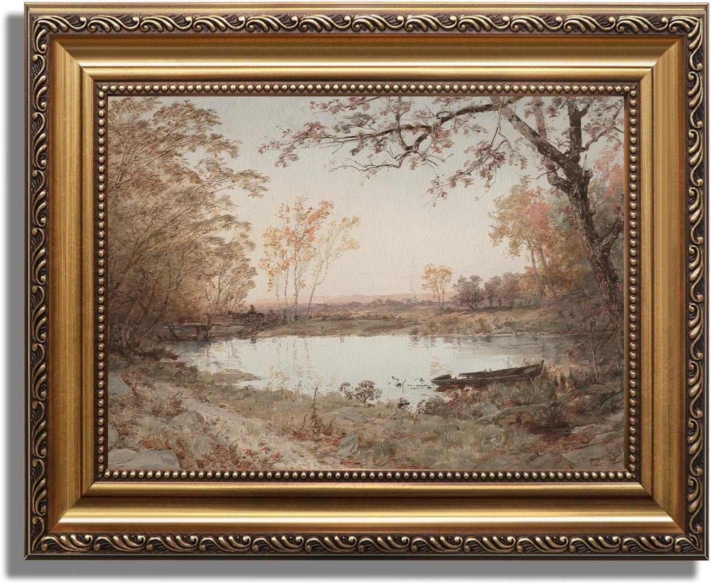 Vintage Framed Wall Art for Living Room, French Country Decor Retro Rivers Muted Autumn Pond Landscape Oil Painting, Neutral Farmhouse Decor Wall Art, Gold Framed Canvas Print Artwork Nature Vintage Wall Art, 9"x12"