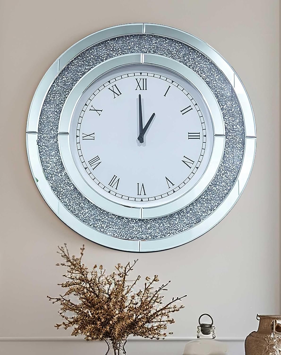 Crushed Diamond Wall Clock: 24 inch Round Decorative Mirrored Clock with Silver Glass Beveled Mirror Edge Frame and Bling Diamonds, Art Deco Home Modern Decoration for Livingroom