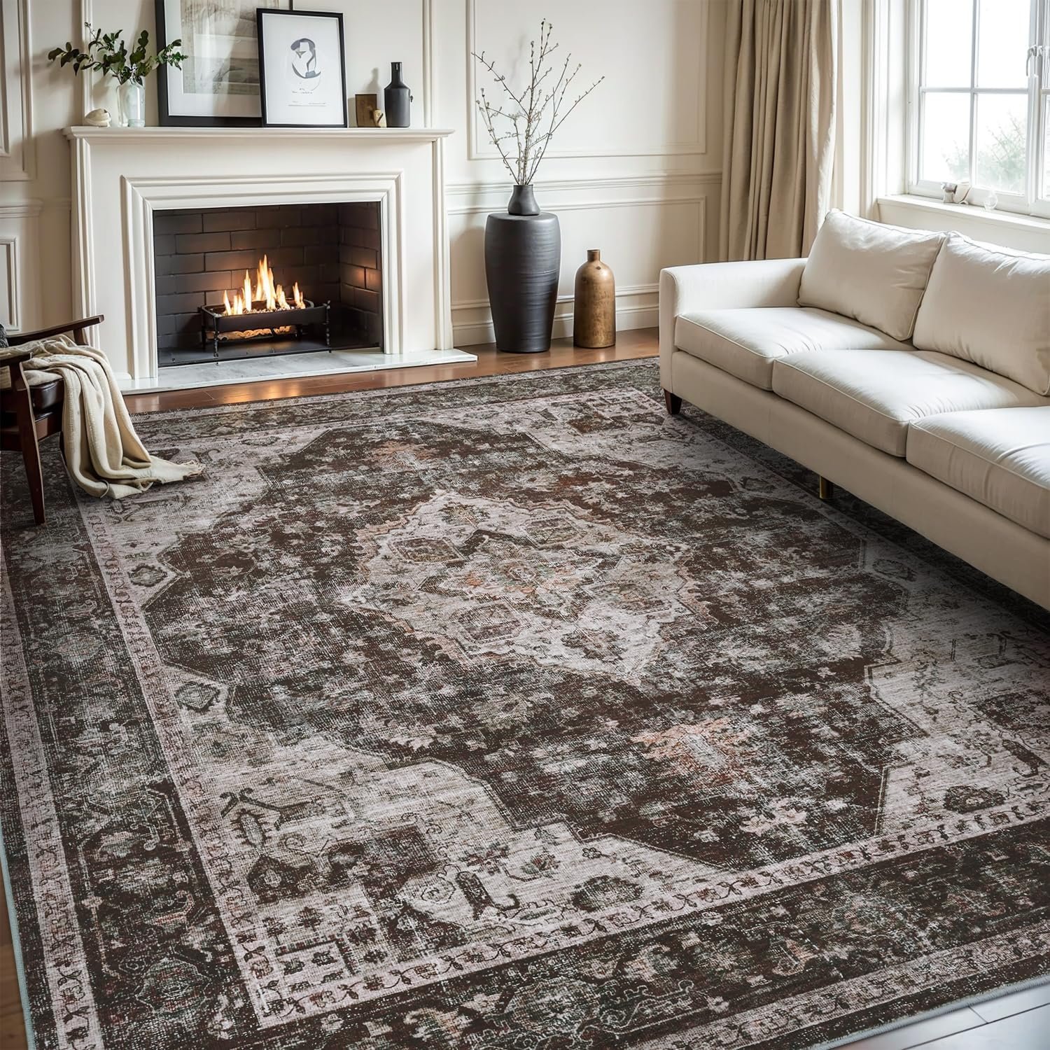 -Area Rug 9X12 Rugs for Living Room-Vintage Soft Brick/Brown Rugs for Bedroom-Non Slip Carpet-Washable Rug for Dining Room Living Room Bedroom Office Under Table