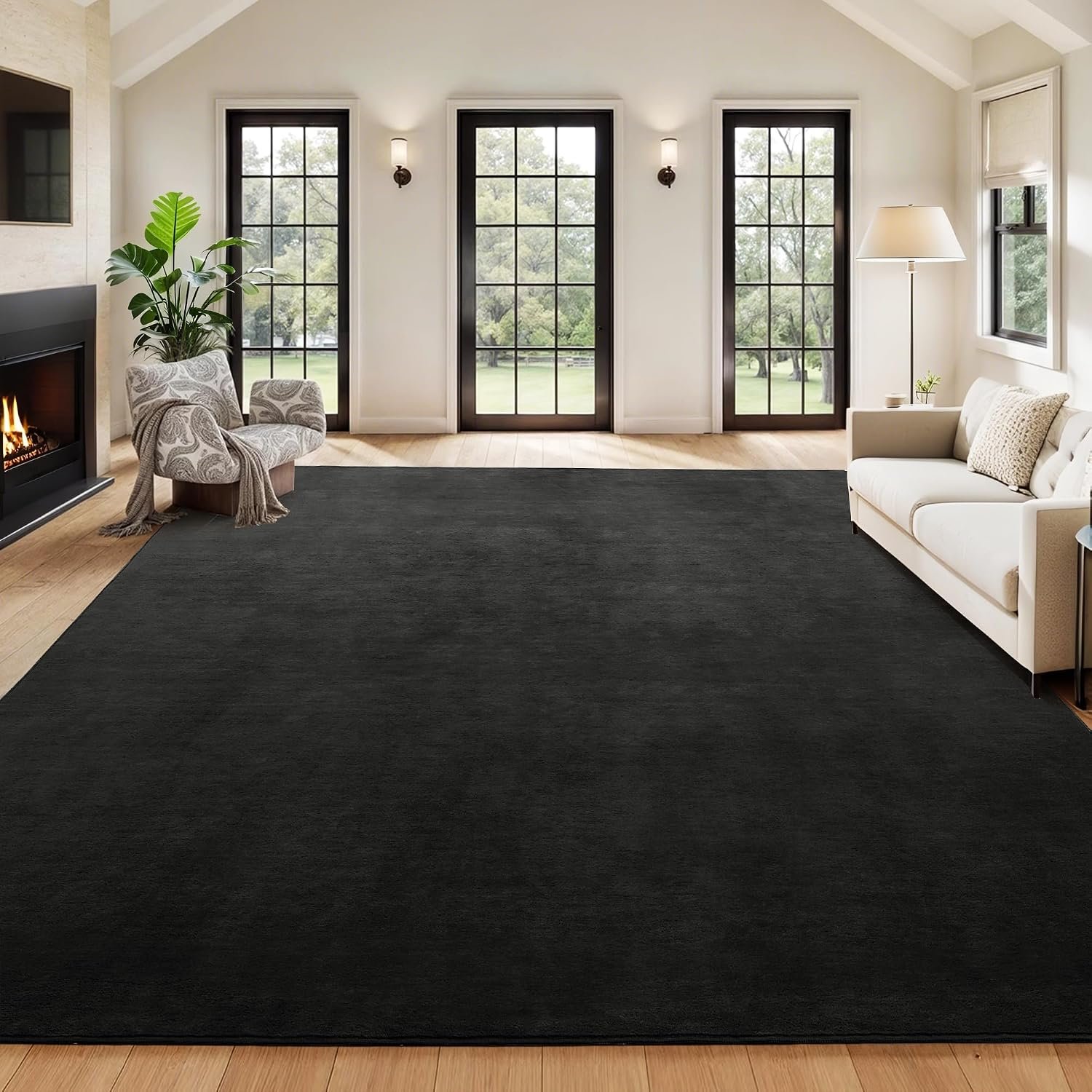 12x15ft Large Area Rug for Living Room, Fluffy Soft Floor Carpet with Non-Slip Backing for Indoor Office Bedroom, Solid Home Deco Non-Shedding, Black