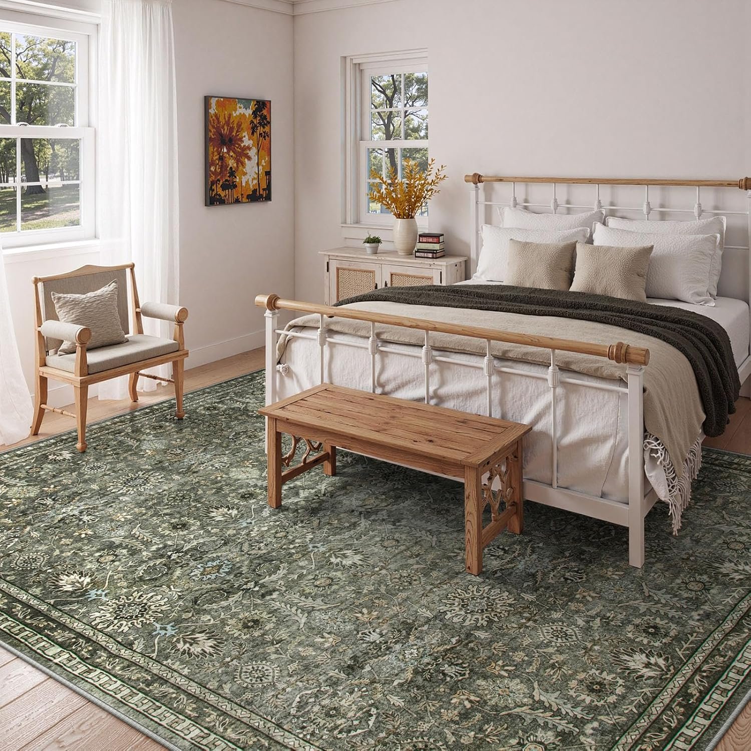 Green 10x14 Area Rugs for Living Room, Washable Vintage Large Floor Rugs for Bedroom, Rubber Backed Non-Slip Carpet for Dining Room Office - Image 2