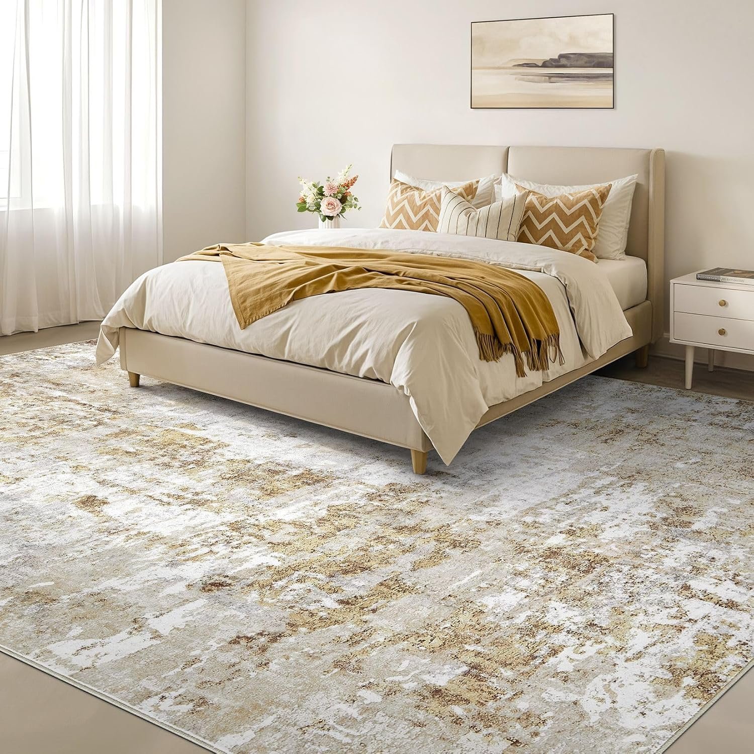 10x14 Rug for Living Room : Soft Abstract Washable Non-Slip Durable Rugs, Neutral Modern Indoor Carpet for Bedroom Dining Room Home Office - Yellow Brown - Image 2