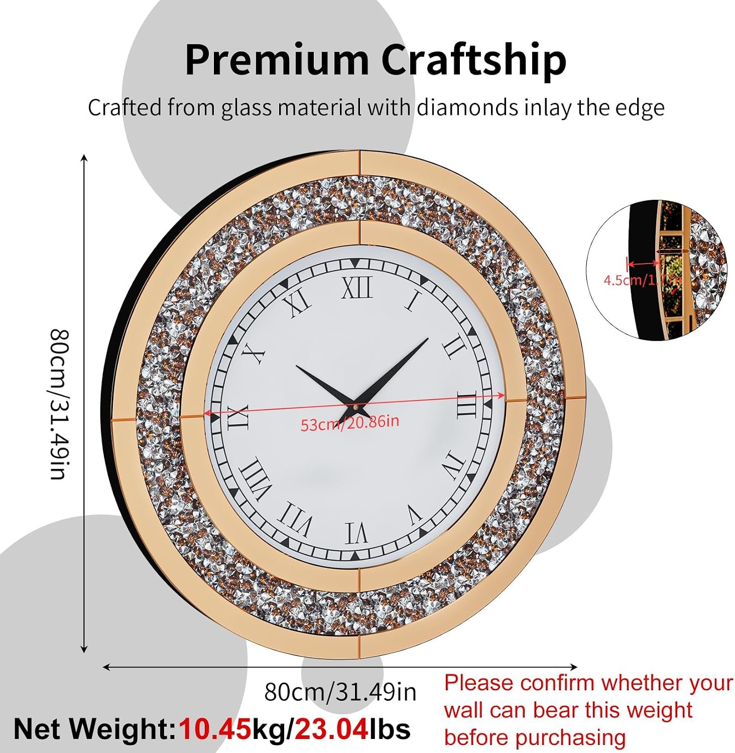Crushed Diamond Wall Clock: 32 inch Round Decorative Mirrored Clock with Brown Glass Beveled Mirror Edge Frame and Bling Diamonds, Art Deco Home Modern Decoration for Livingroom - Image 2