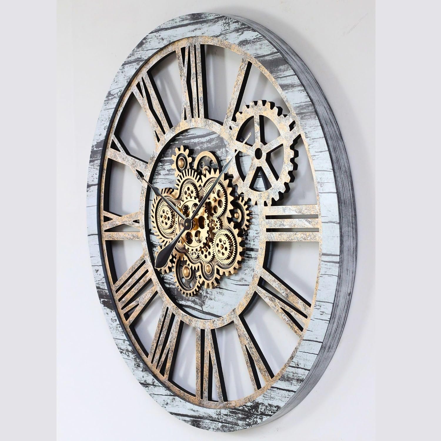 The Gears Clock 36'' Inch Wall Clock Vintage Industrial Oversized Rustic Farmhouse (Vintage Grey and White) - Image 2