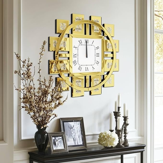 Crushed Diamond Wall Clock: Decorative 24 inch Round Mirrored Clock with Beveled Glass Mirror Edge Frame and Bling Diamonds, Art Deco Home Modern Decoration for Livingroom, Silver - Image 2