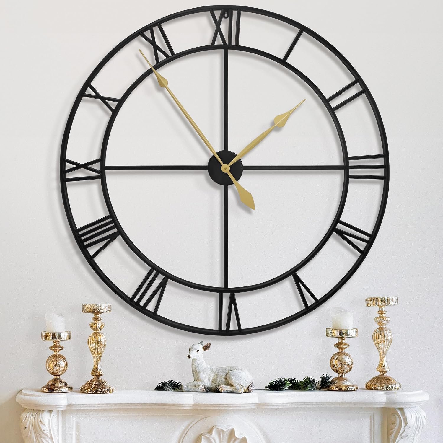 40 Inch Extra Large Modern Wall Clock, Oversize Rustic Round Nearly Silent Battery Operated, Black Metal Roman Numerals Wall Clocks for Living Room, Bedroom, Entrance Home Decor