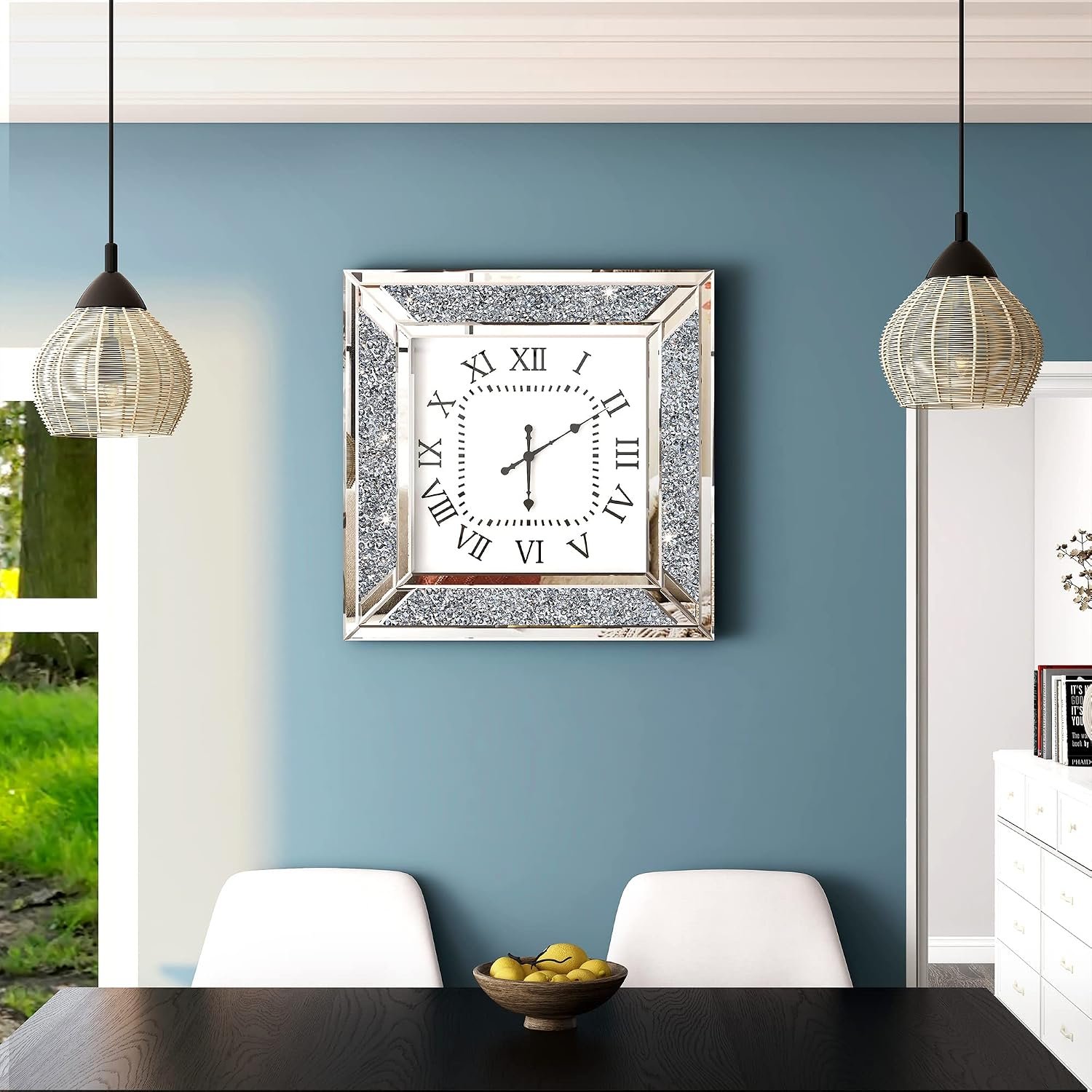 Deorative Wall Clock, 24 inch Large Mirrored Clock for Wall Living Room Decor, Crushed Diamond Home Decor, Glass Surface Mirror Frame - Image 2