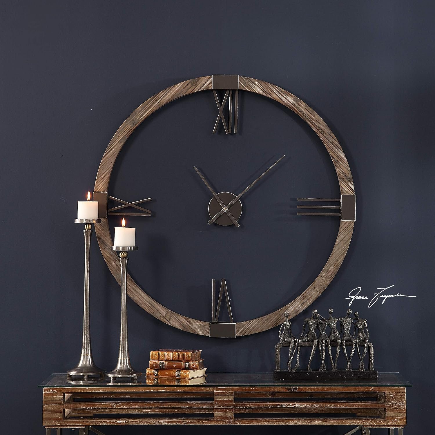 Retro Modern Wood Iron Round Wall Clock | Open Floating Center Mid Century | l Stained Fir and Iron - Image 2