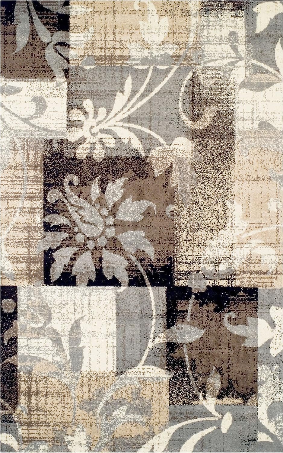 Indoor Area Rug, Jute Backed, Perfect for Office, Living/Dining Room, Bedroom, Kitchen, Hallway, Entryway, Floor, Modern Floral Patchwork Decor, Collection, 9' x 12', Beige