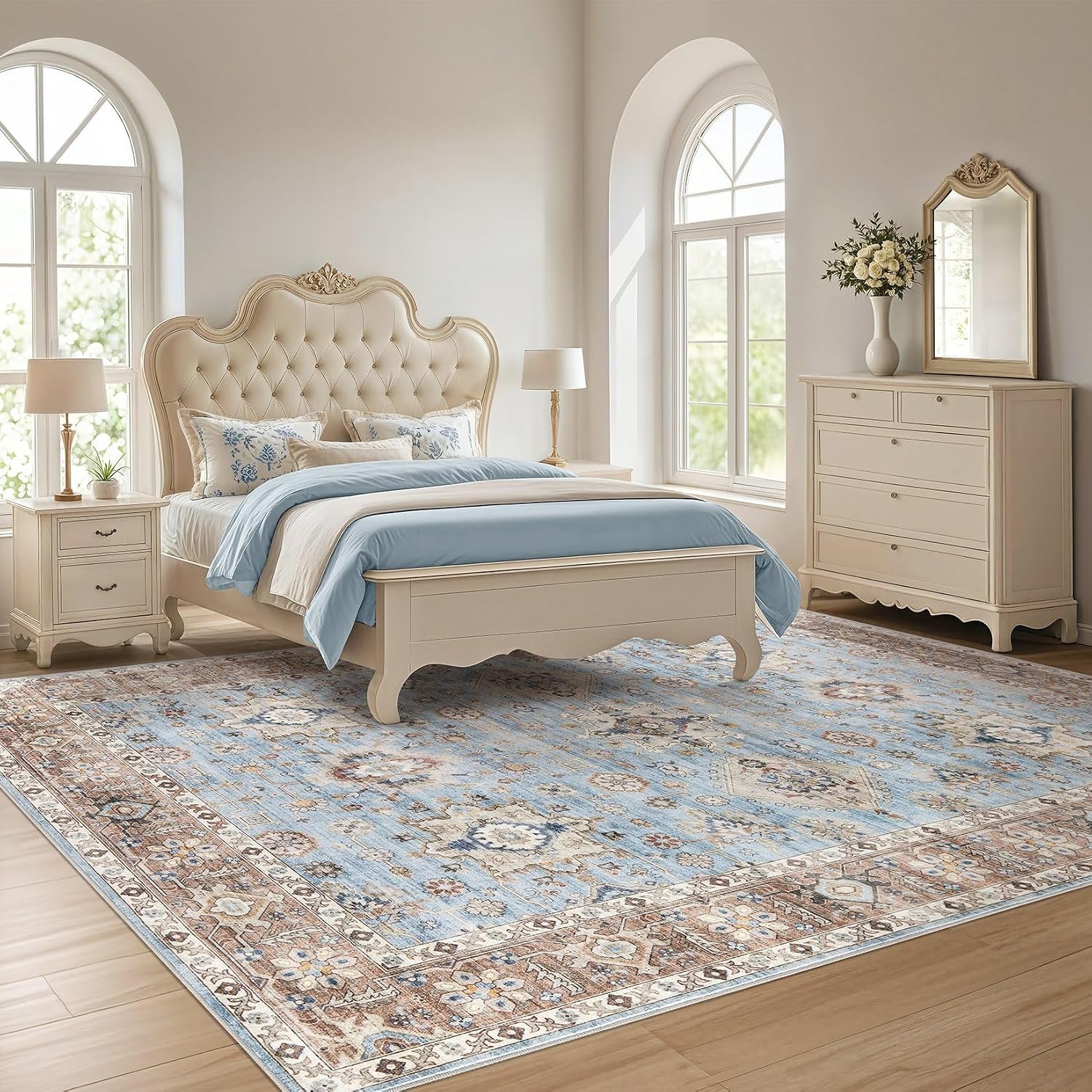 Area Rugs for Living Room: 10x14 Washable Rug Vintage Pattern Large Non-Slip Stain Resistant Soft Durable Floor Carpet for Bedroom, Dining Room, Home Office - Brown Blue - Image 2
