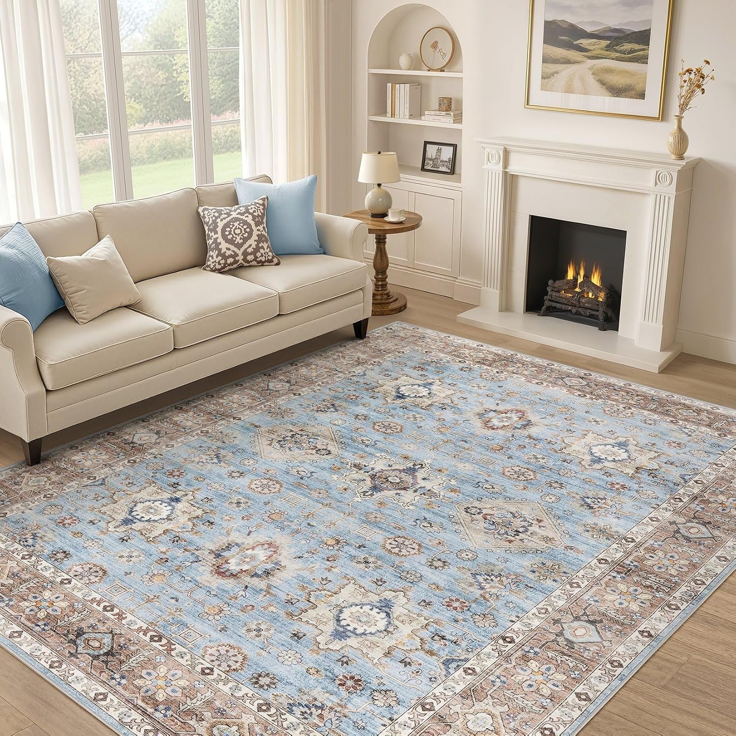 Area Rugs for Living Room: 10x14 Washable Rug Vintage Pattern Large Non-Slip Stain Resistant Soft Durable Floor Carpet for Bedroom, Dining Room, Home Office - Brown Blue