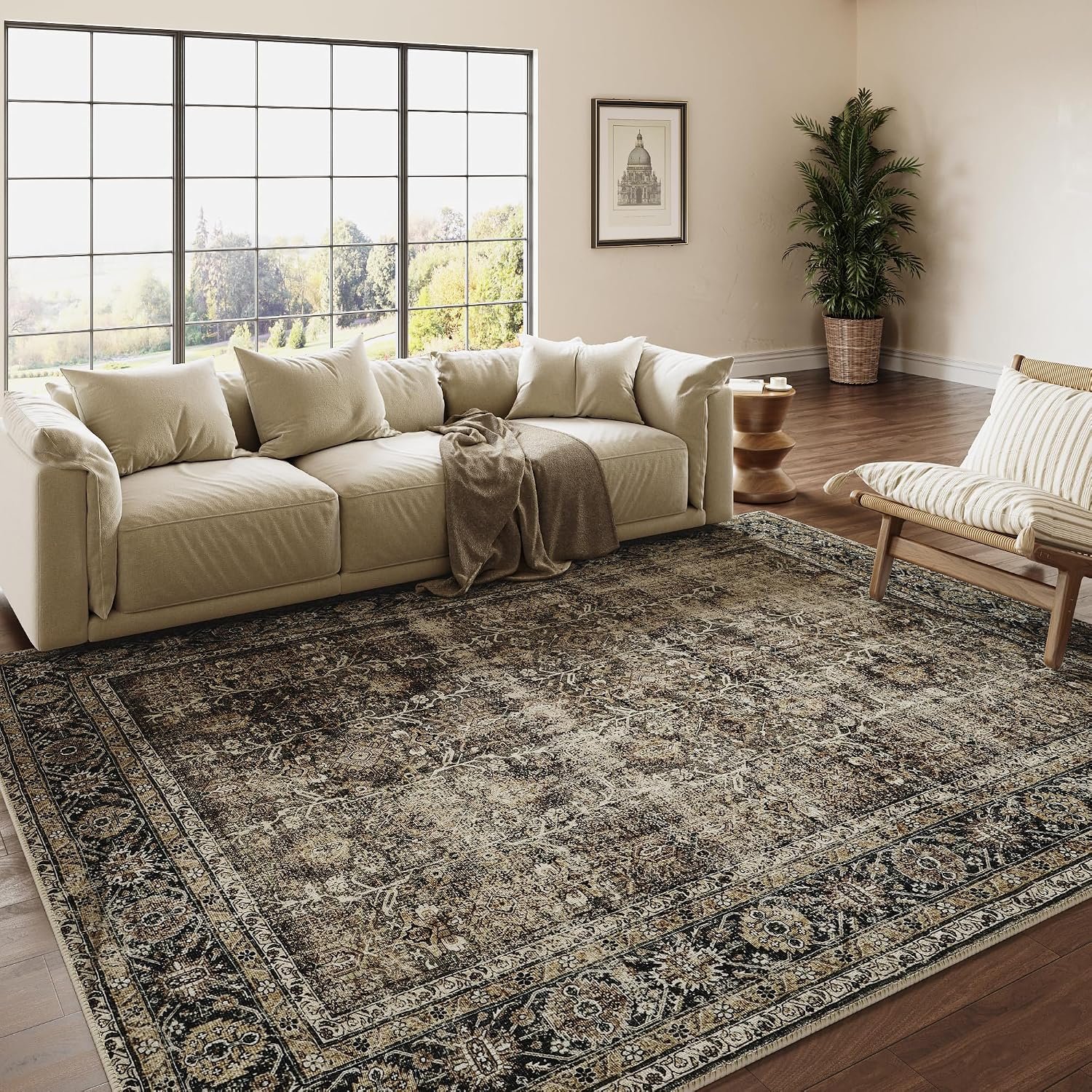 Vintage Area Rug 12x15 Brown Washable Living Room Large Carpet Non Slip Bedroom Indoor Office Low Pile Traditional Distressed Retro Accent Rug for Dining Room