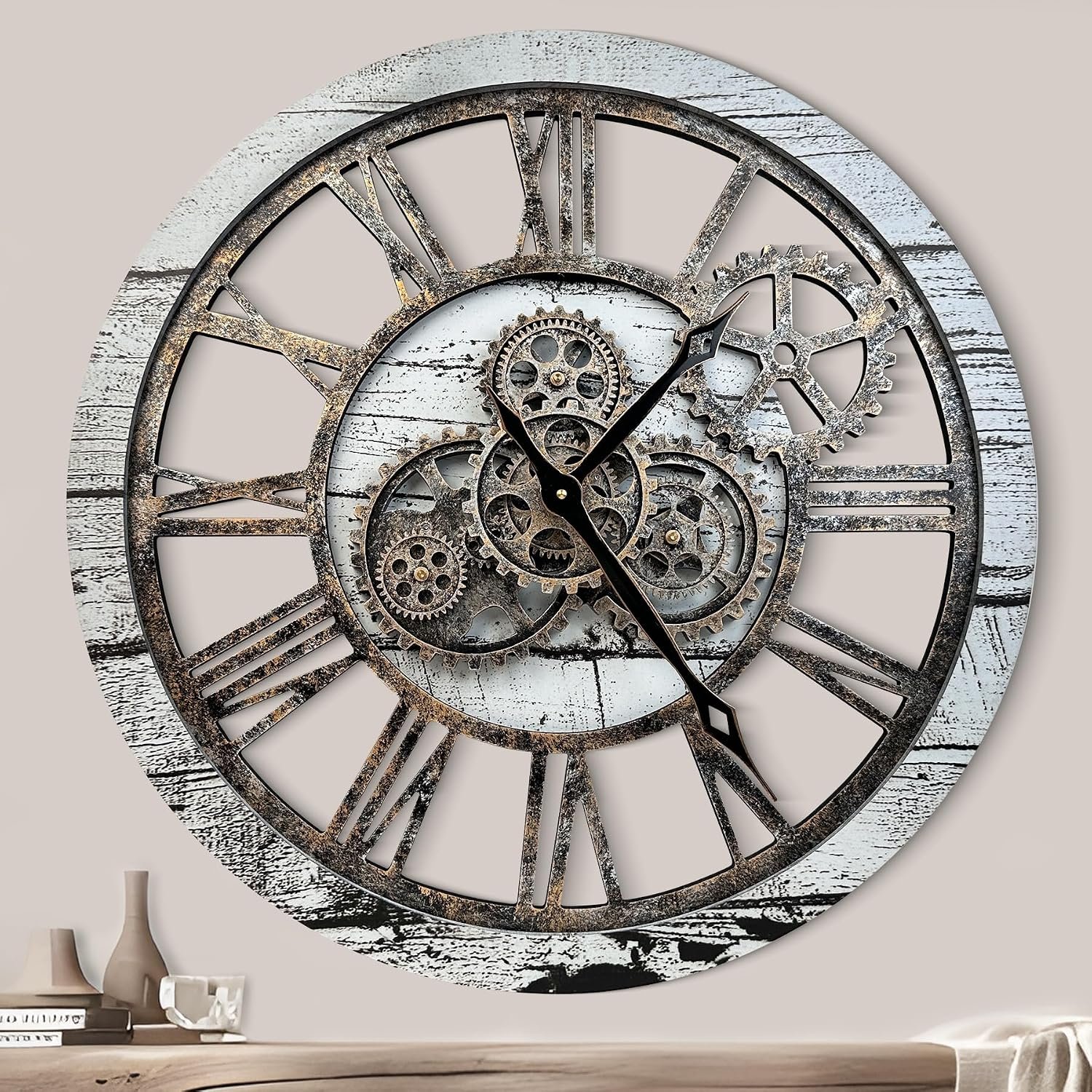 Large Wall Clock Oversized Farmhouse Wood Clock Living Room Decor Vintage Industrial Decorative Wall Clock for Home Kitchen Office (Grey with White, 24Inch(60cm))