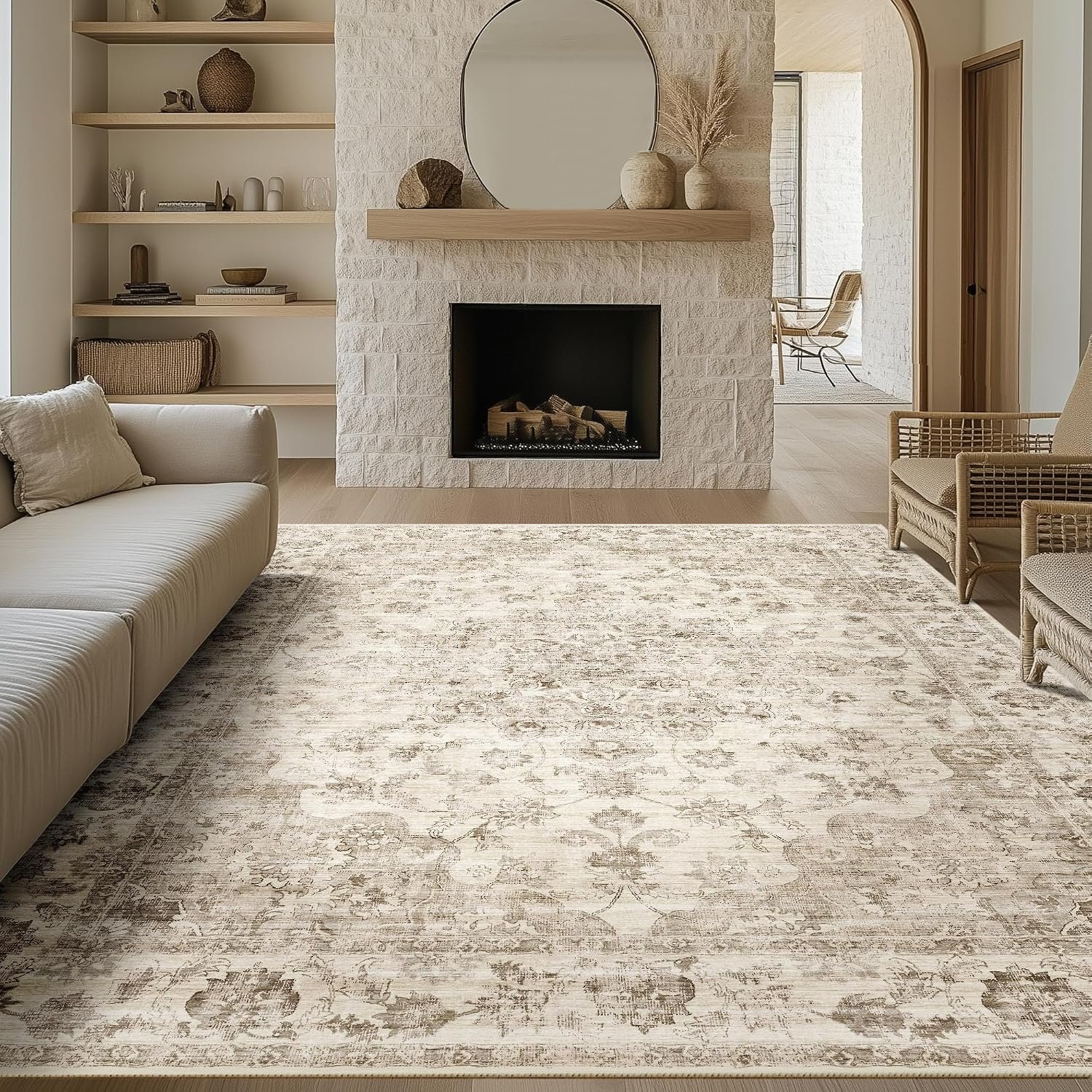 9x12 Washable Neutral Area Rug Beige Floral Living Room Bedroom Large Carpet Non-Slip Low Pile Vintage Soft Thin Throw Rug for Dining Room Office Kitchen Indoor Nursery