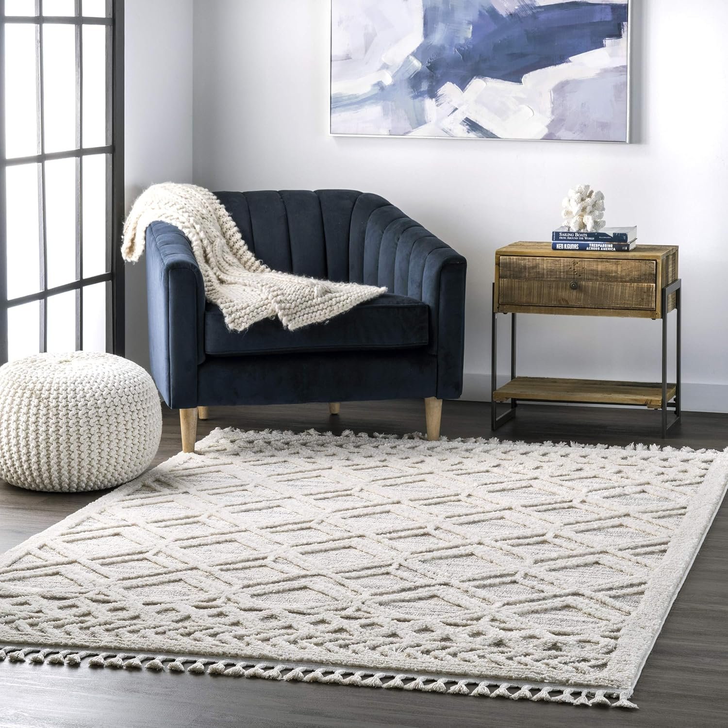 8x11 Tassel Area Rug, Light Grey, High-Low Textured Bohemian Design, Plush High Pile, Stain Resistant, For Bedroom, Living Room, Hallway, Entryway