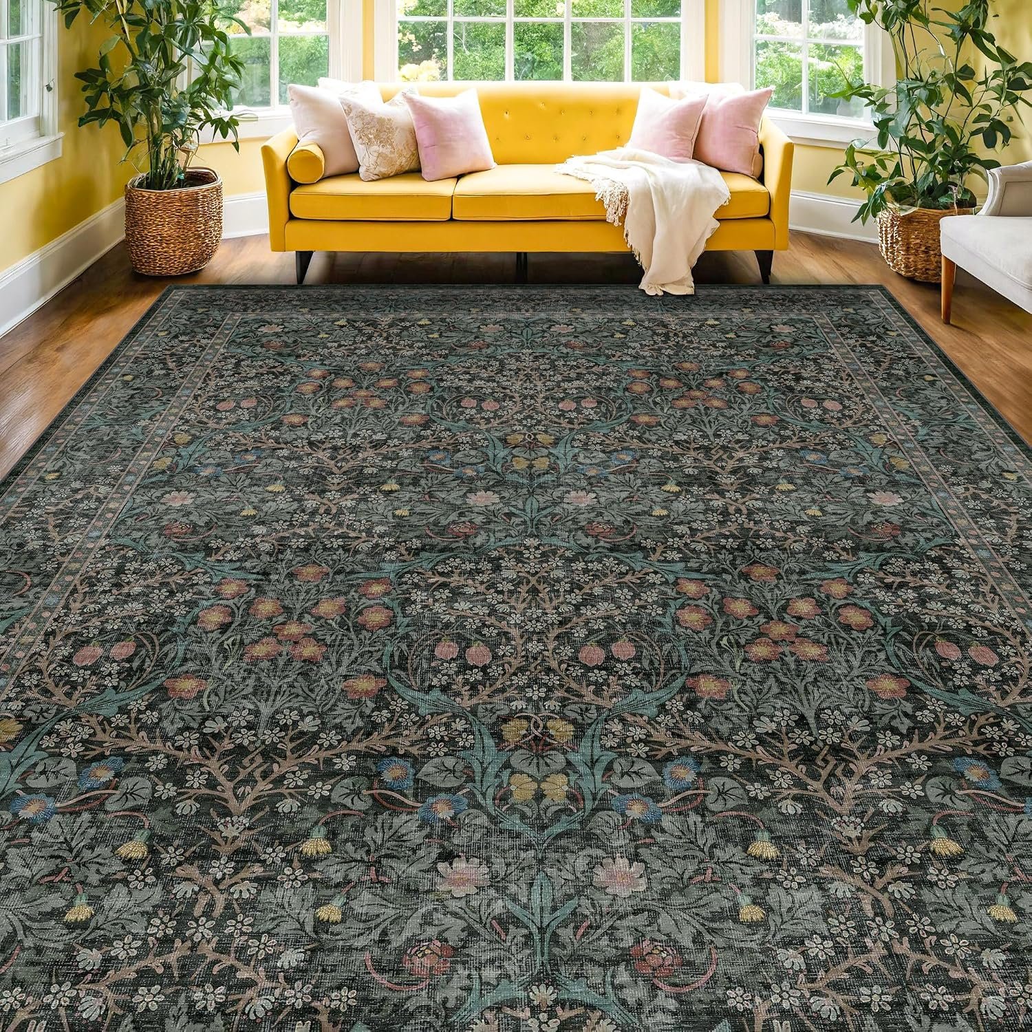 Vintage Washable Dark Green 10x14 Rug for Living Room - Extra Large Area Rug for Dining Room Rugs for Under Table, Soft Low Pile Carpet for Bedroom - Vintage Floral Design Non-Slip (10x14 Dark Green)