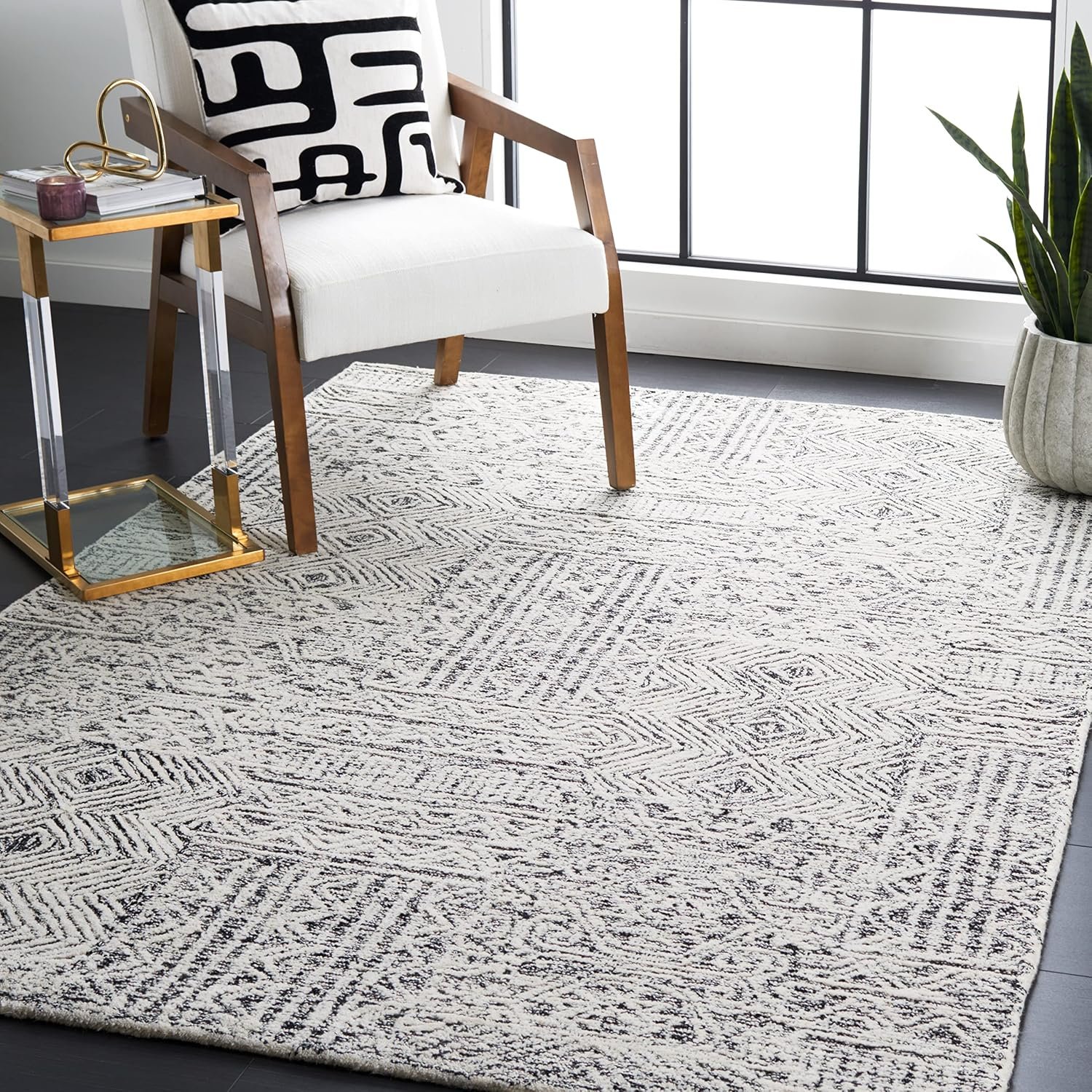 Abstract Collection Area Rug - 8' x 10', Black & Ivory, Handmade Wool, Ideal for High Traffic Areas in Living Room, Bedroom