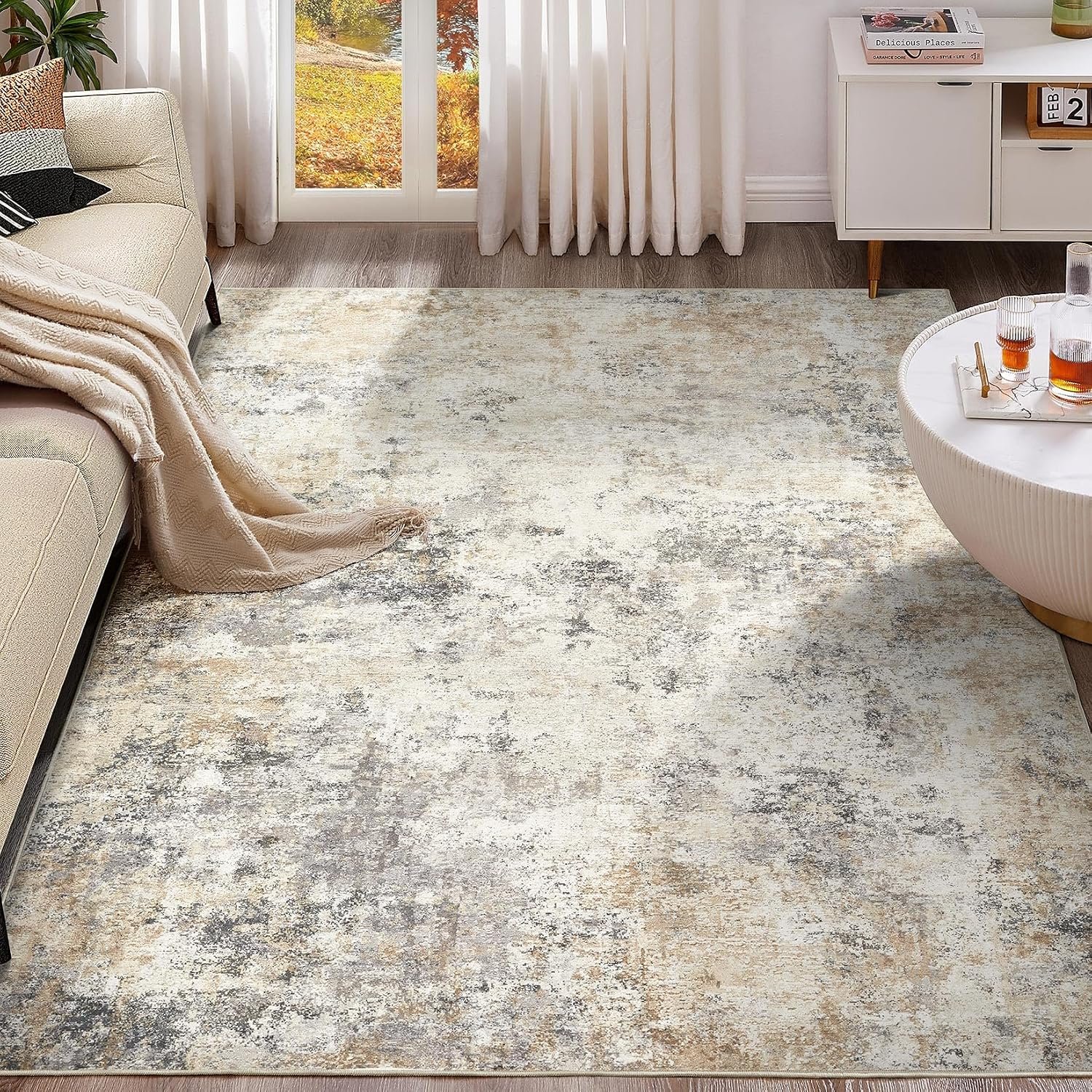 10x14 Area Rug Living Room Rugs - Washable Neutral Modern Abstract Soft Thin Large Rug Indoor Floor No Slip Rug Carpet for Bedroom Under Dining Table Home Office Decor - Golden Grey