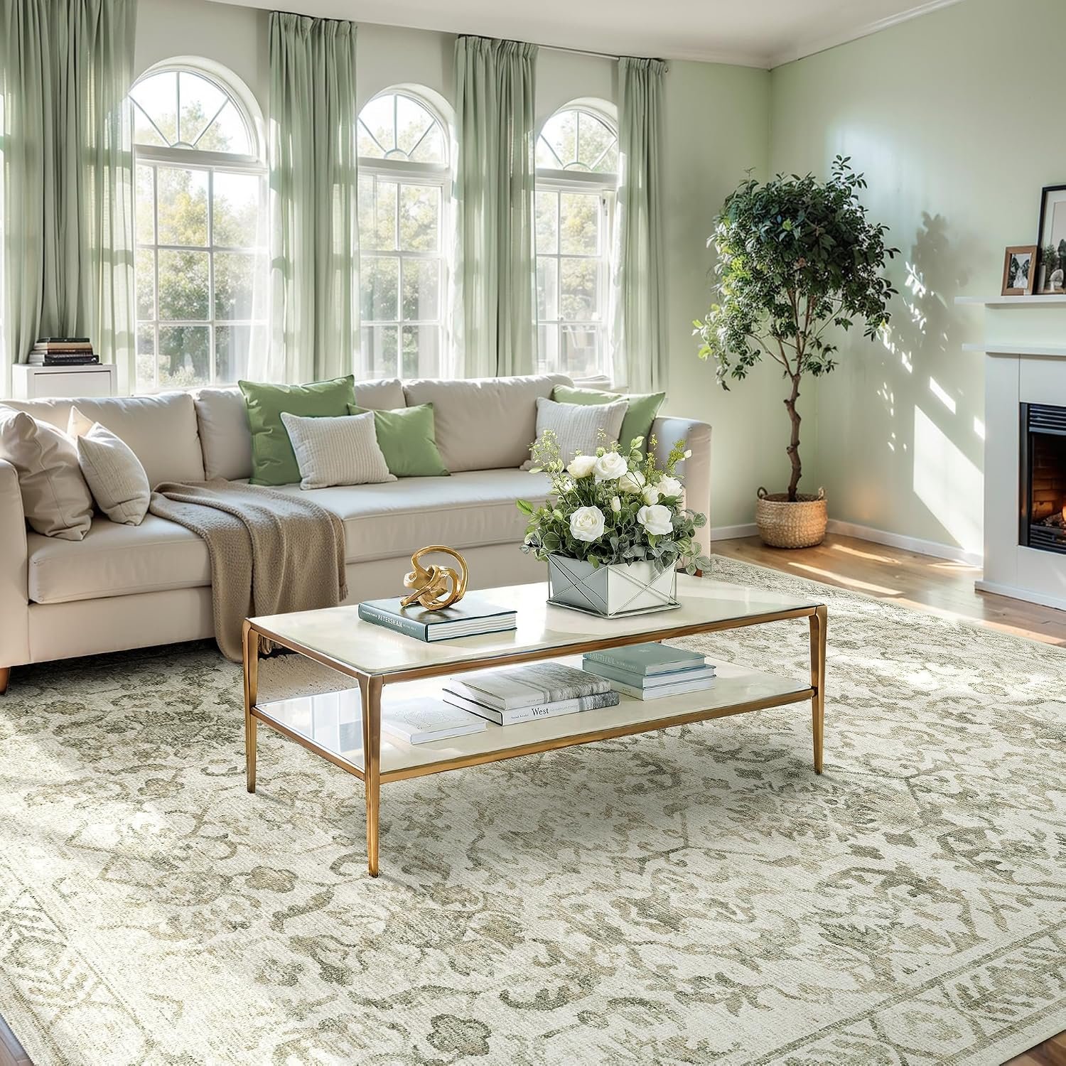 Area Rugs 9x12 for Living Room Soft Non-Slip, Large Bedroom Rug Vintage Floral Dining Room Rug Tribal Farmhouse Carpet for Bedroom Dining Room Office Beige Green