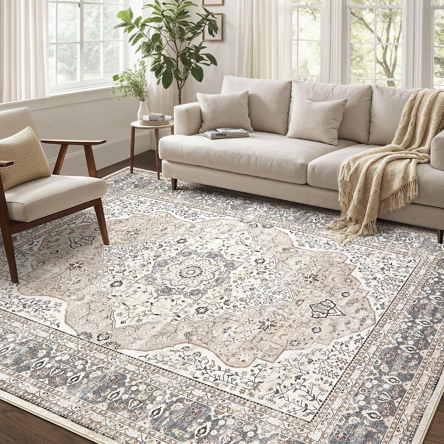 Washable Rug 10x14 Area Rugs for Living Room Bedroom Dining Room Home Office Floor Decor -Stain & Fade Resistant Non Slip Backing Carpet,Ultra-Thin Vintage Large Carpets (Camel/Beige,10'x14')