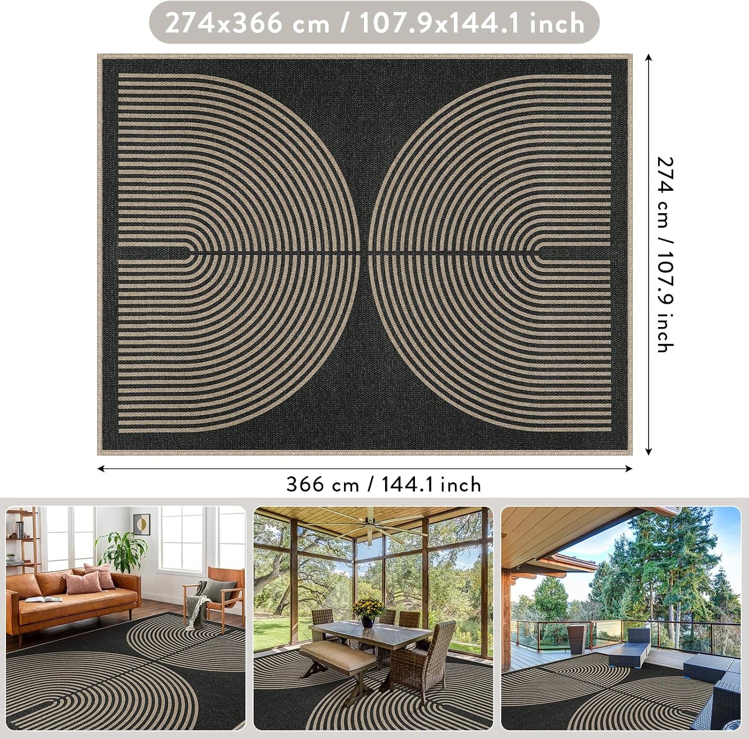 Modern Rainbow Easy Jute Outdoor Carpet, Washable Rugs 9x12 for Living Room Patio Large Farmhouse Indoor Outdoor Carpet, Contemporary Black Dining Room Rugs for Under Table Office Backyard - Image 2